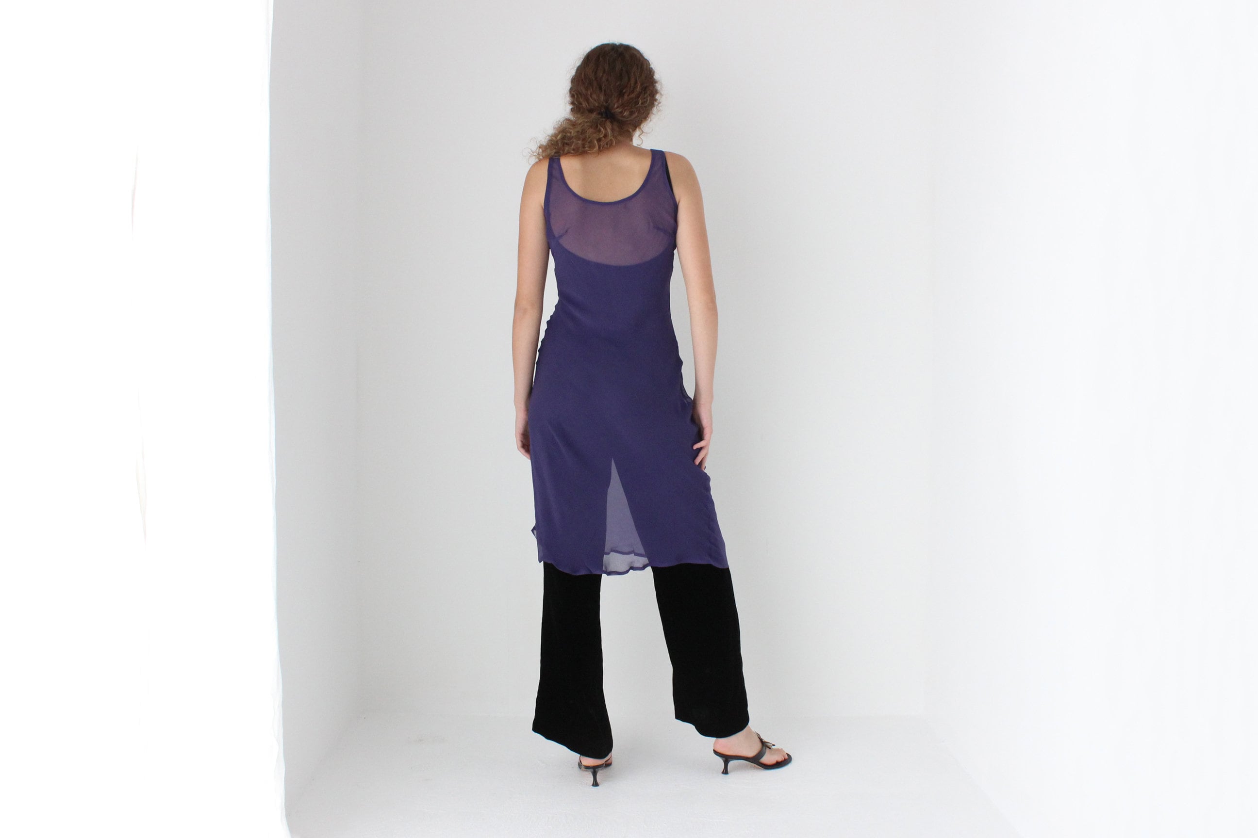 90s PURE SILK Sheer Georgette Bias Cut Dress in Purple