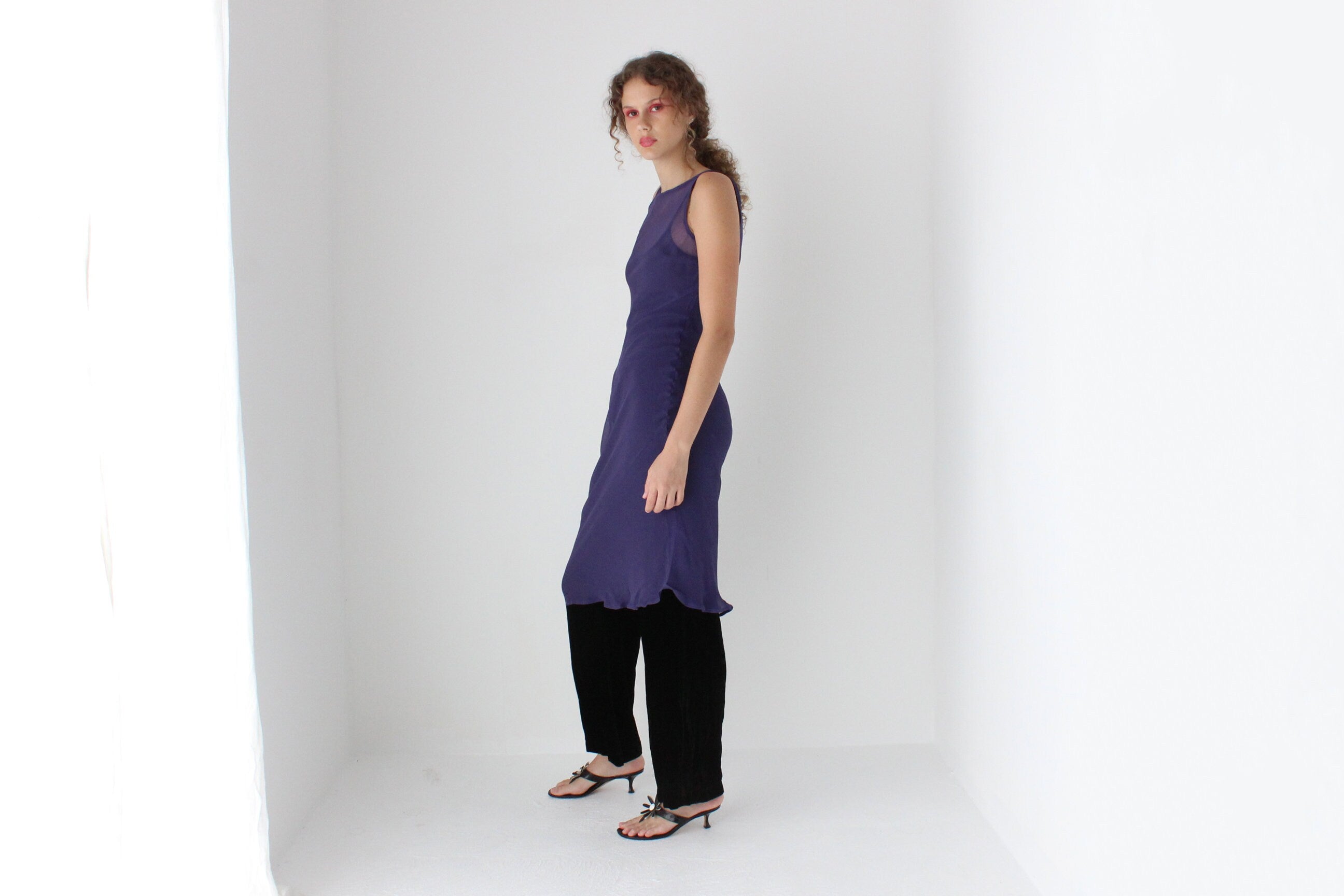 90s PURE SILK Sheer Georgette Bias Cut Dress in Purple