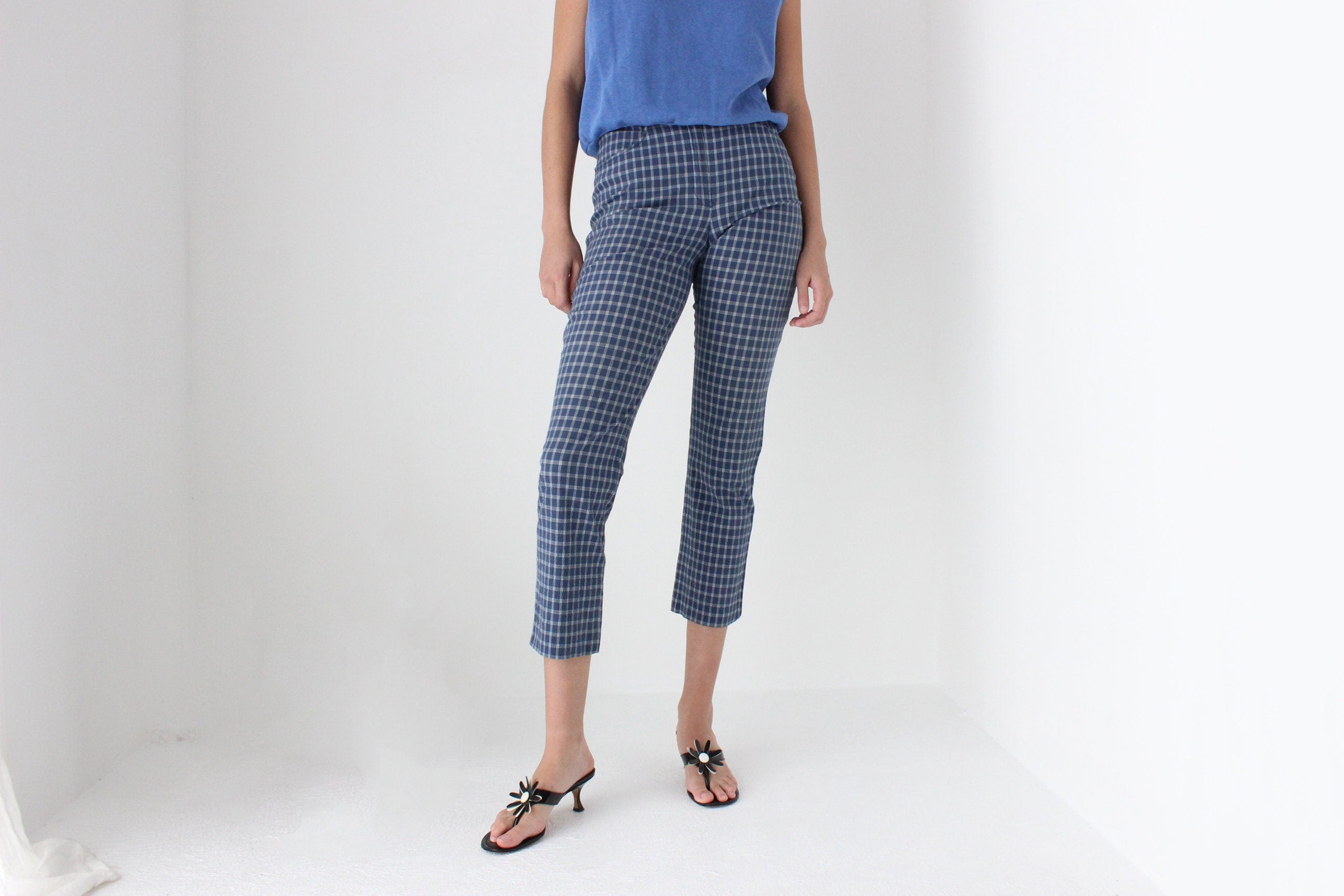 80s Italian Vintage Denim Jeans w/ Plaid Check