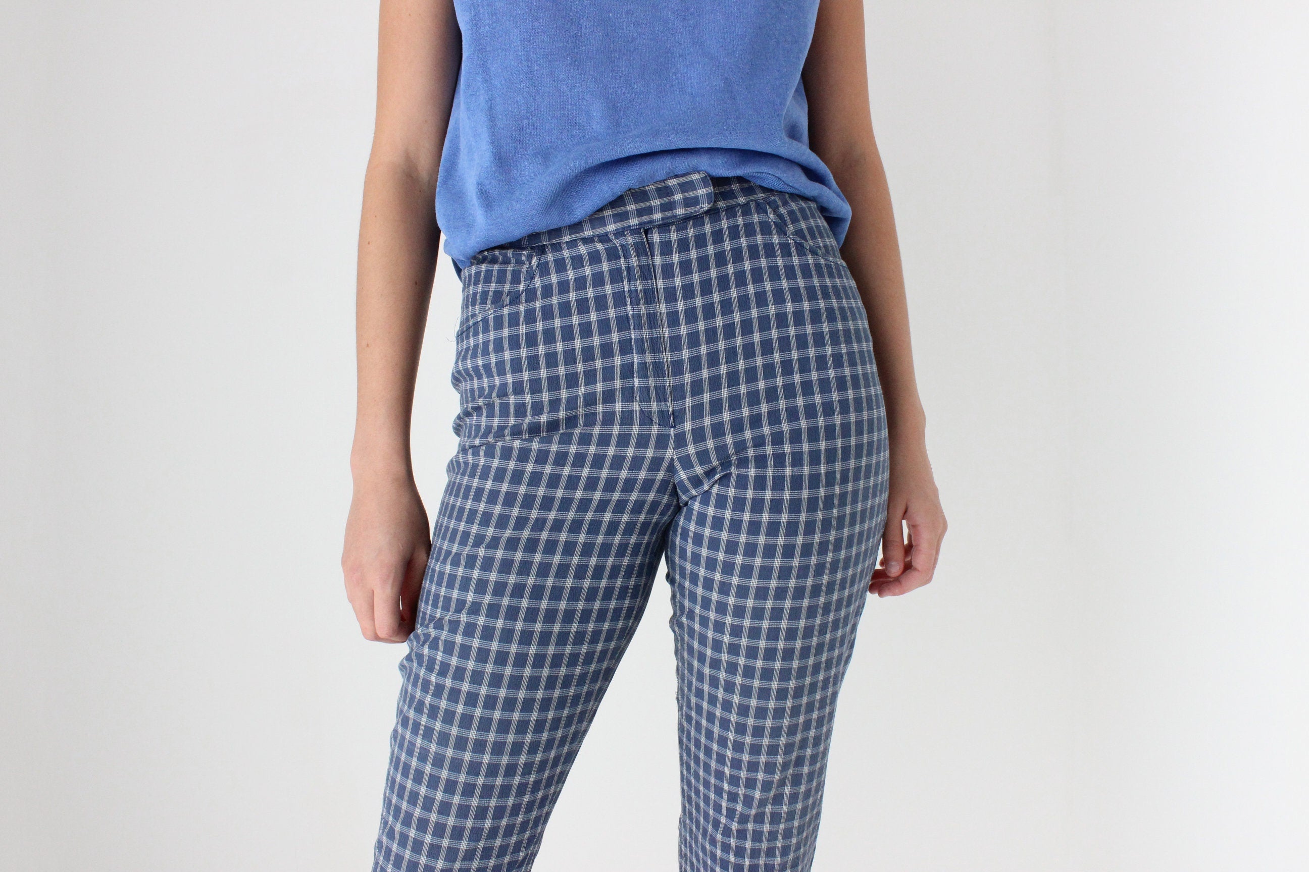 80s Italian Vintage Denim Jeans w/ Plaid Check