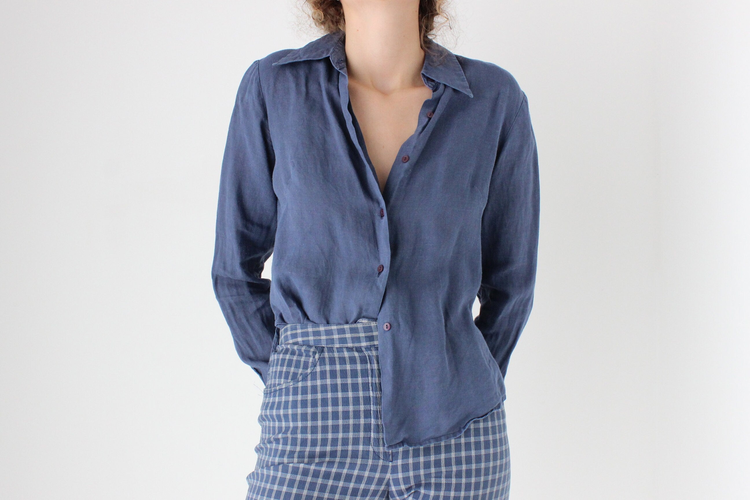 90s Benetton Italy Blue Linen Button Up