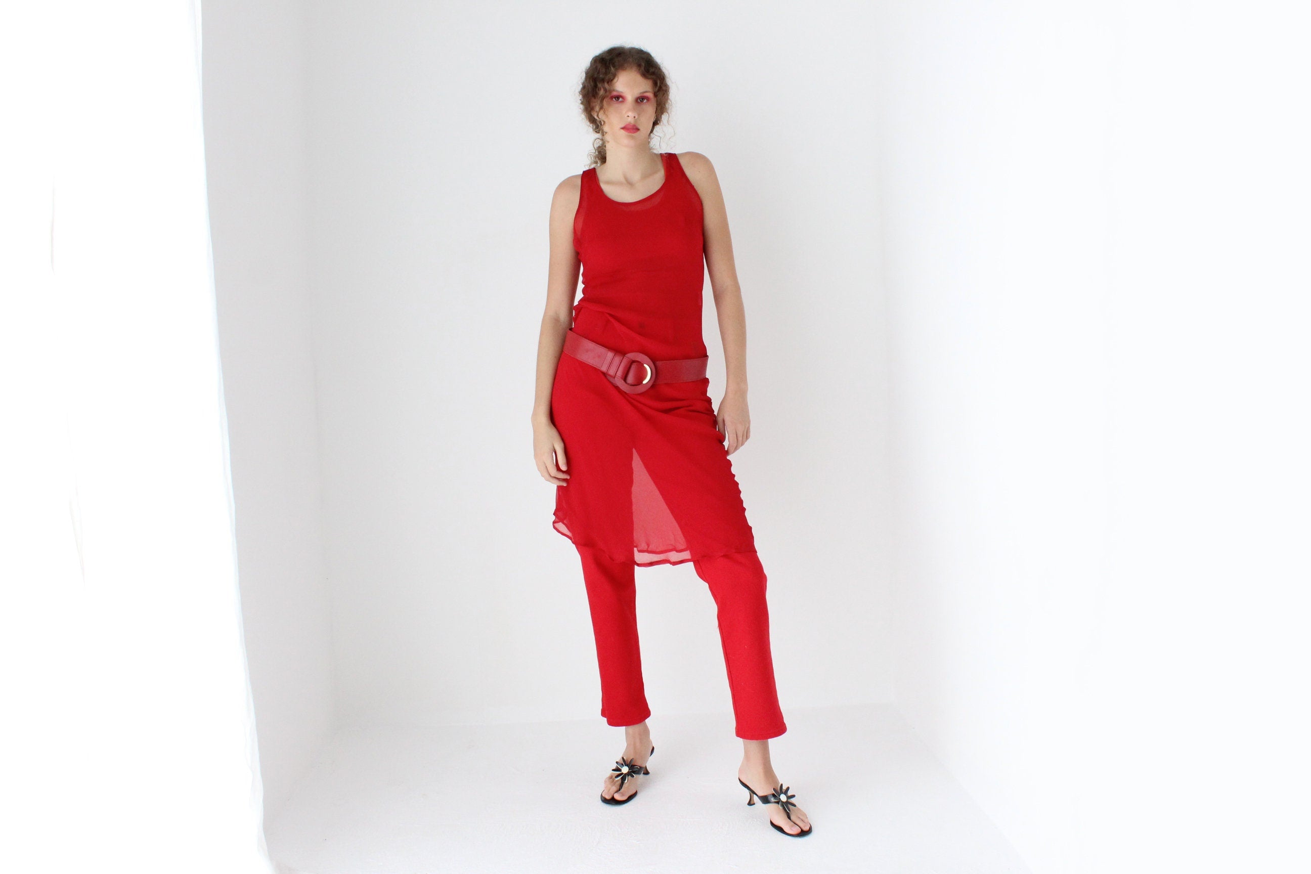90s PURE SILK Sheer Georgette Bias Cut Dress in Red
