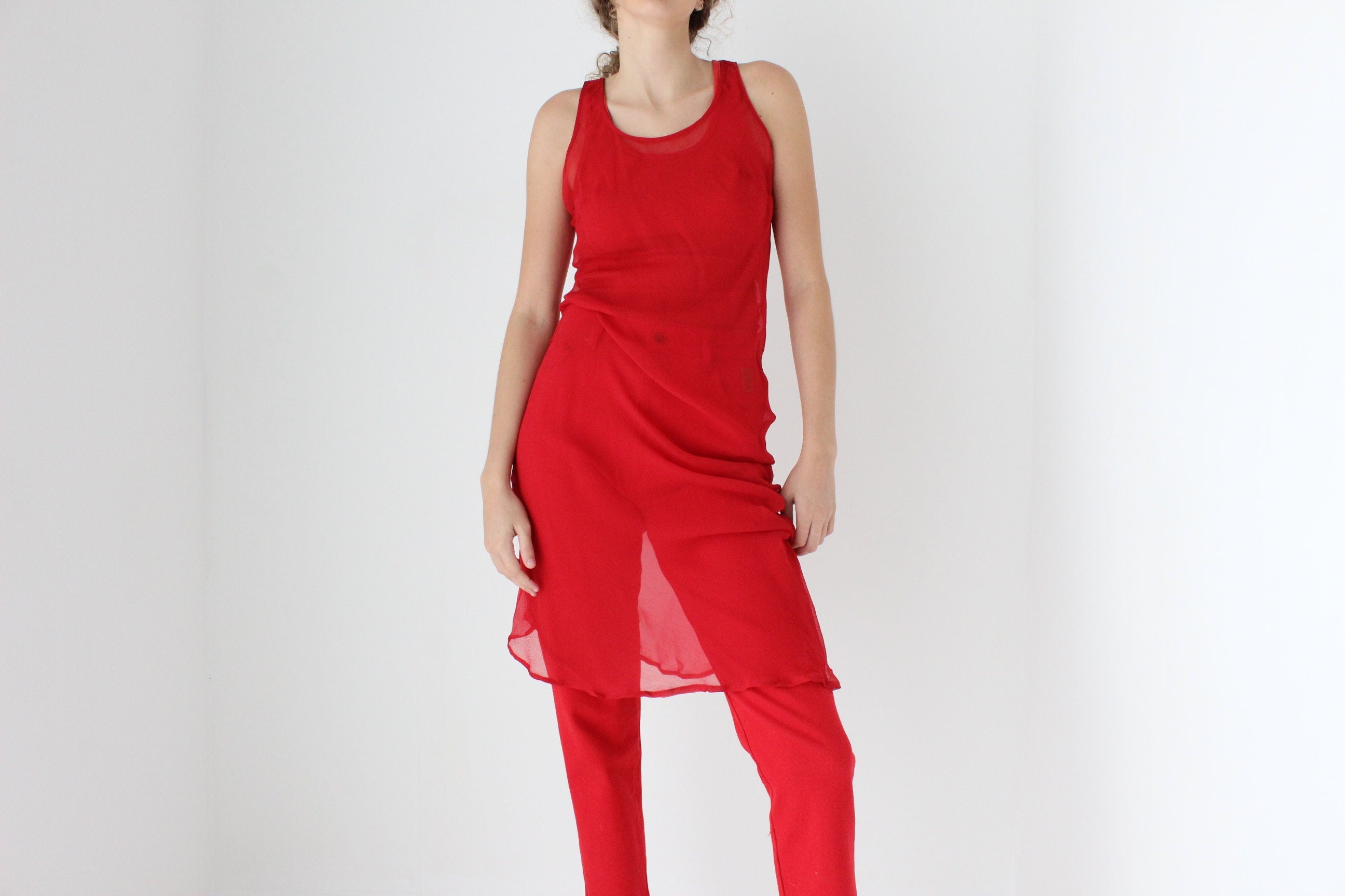 90s PURE SILK Sheer Georgette Bias Cut Dress in Red