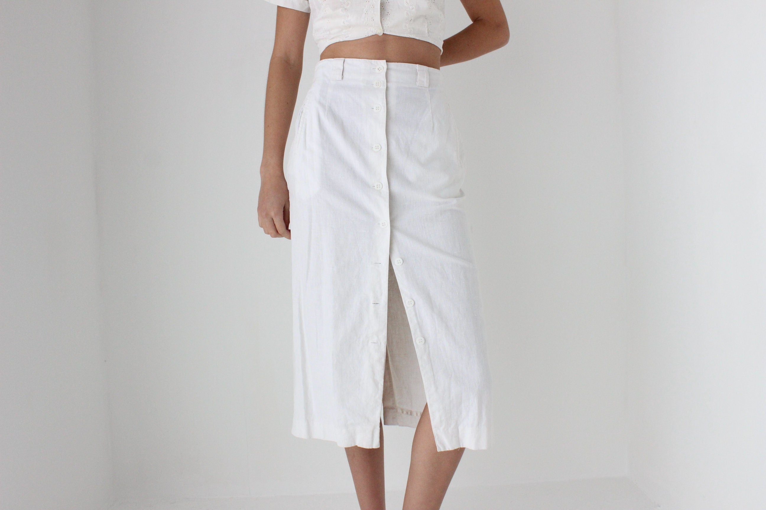 80s White Cotton Linen Button Front Skirt