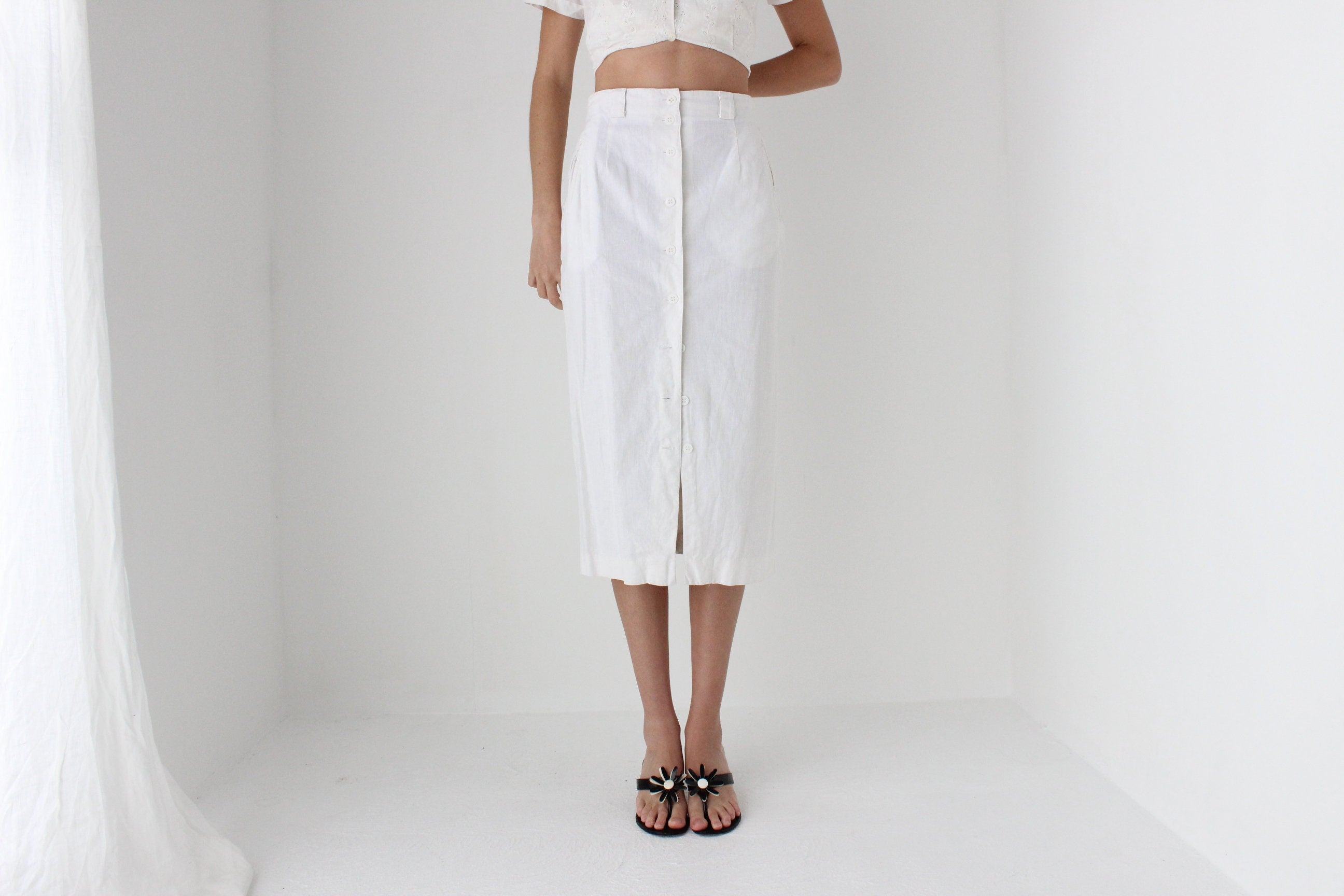 80s White Cotton Linen Button Front Skirt