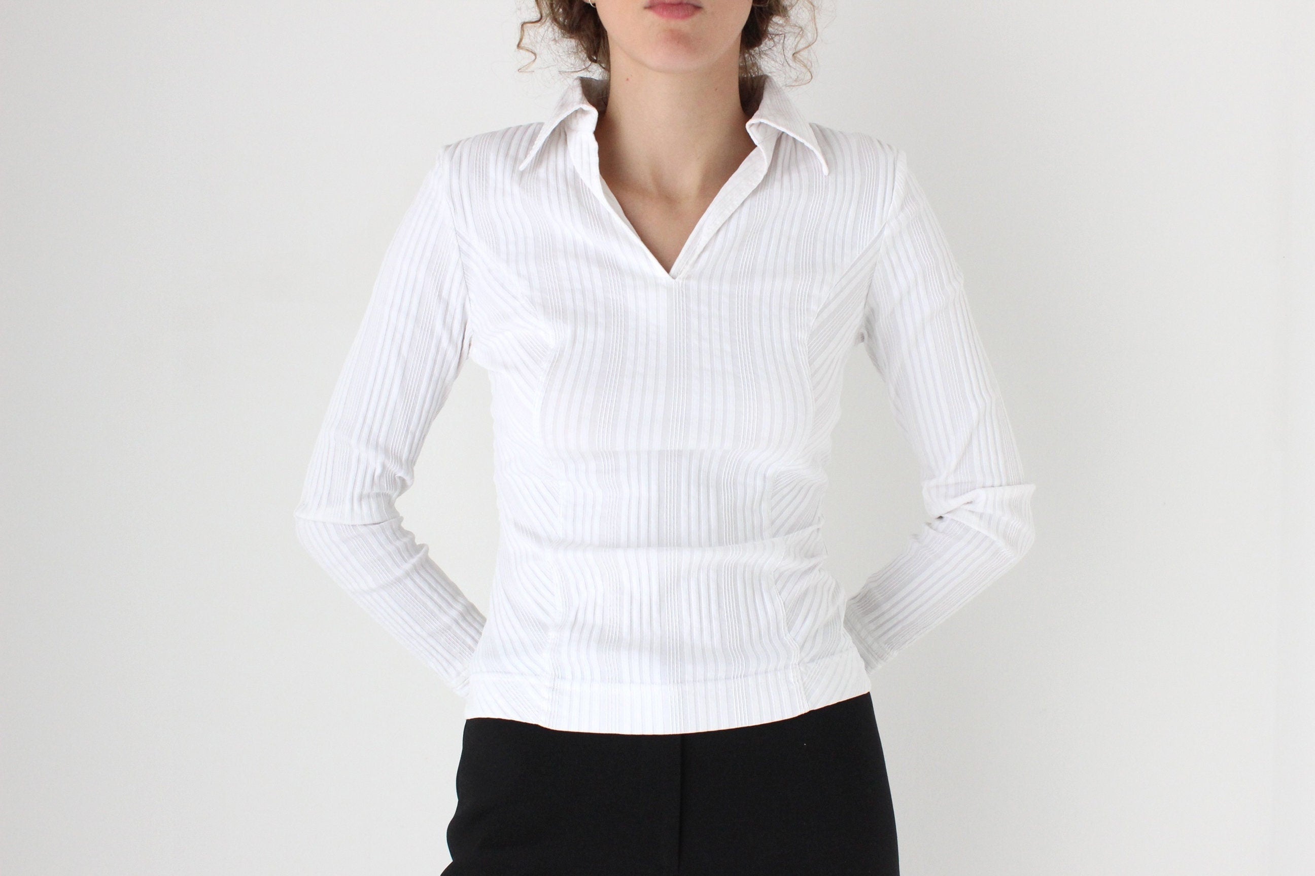 Y2K Stretch Textured Sexy Fitted Collared Shirt Top