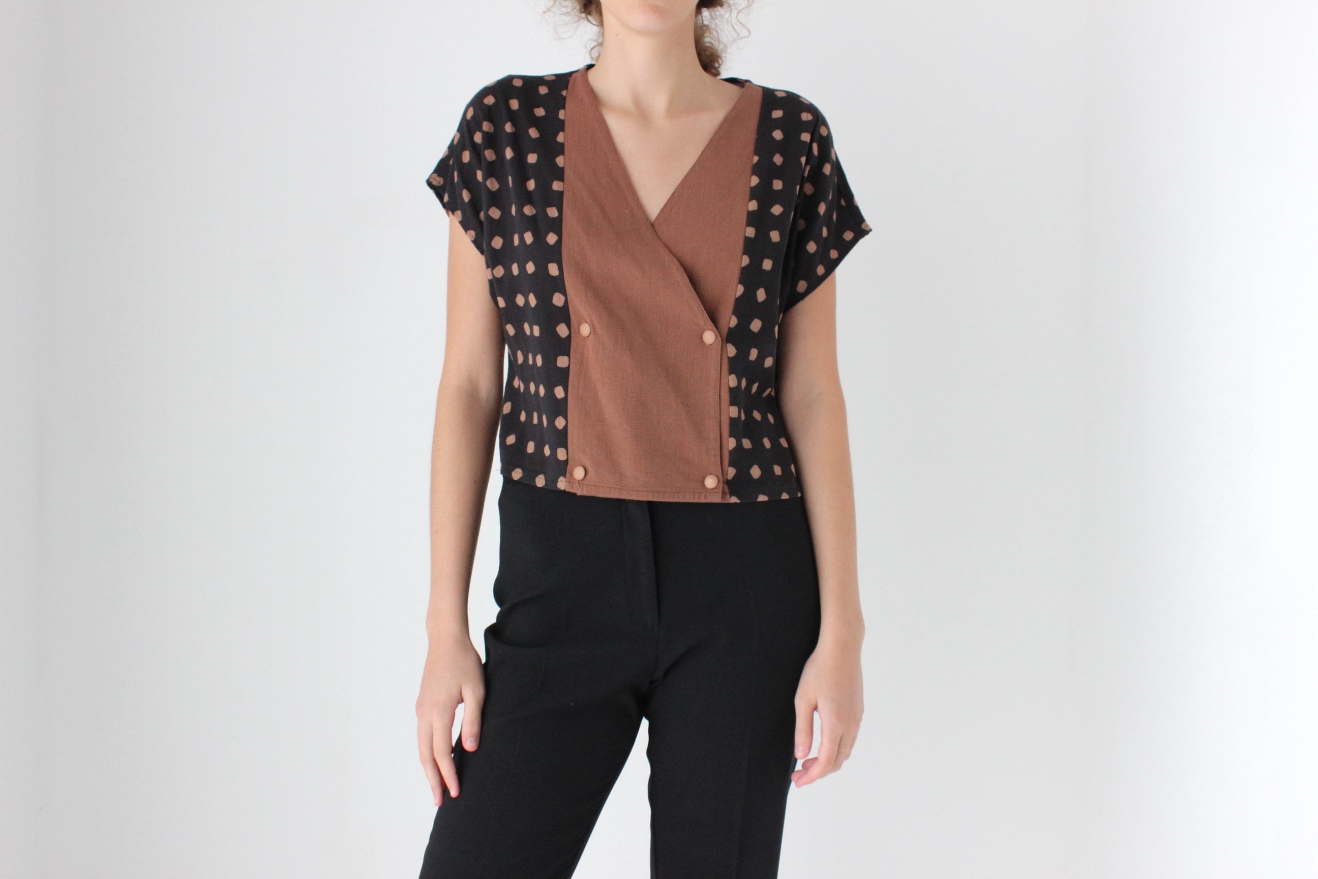 90s French Vintage Cotton Polka Dot Crop Top