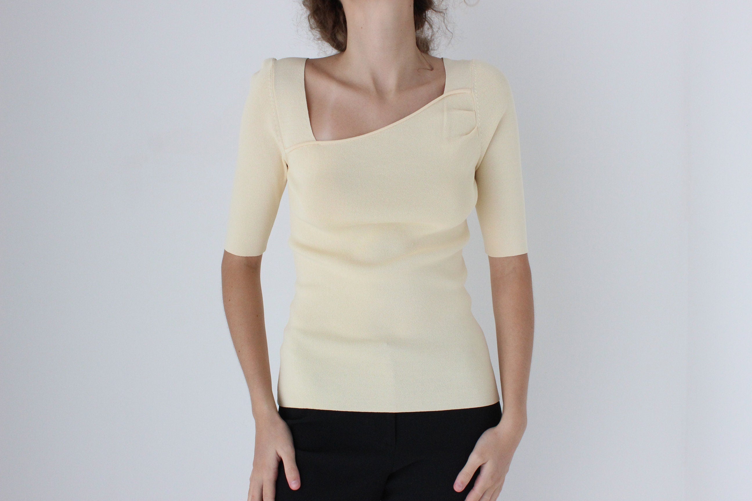 Y2K Asymmetric Stretch Fitted Pastel Knit Top by Cue