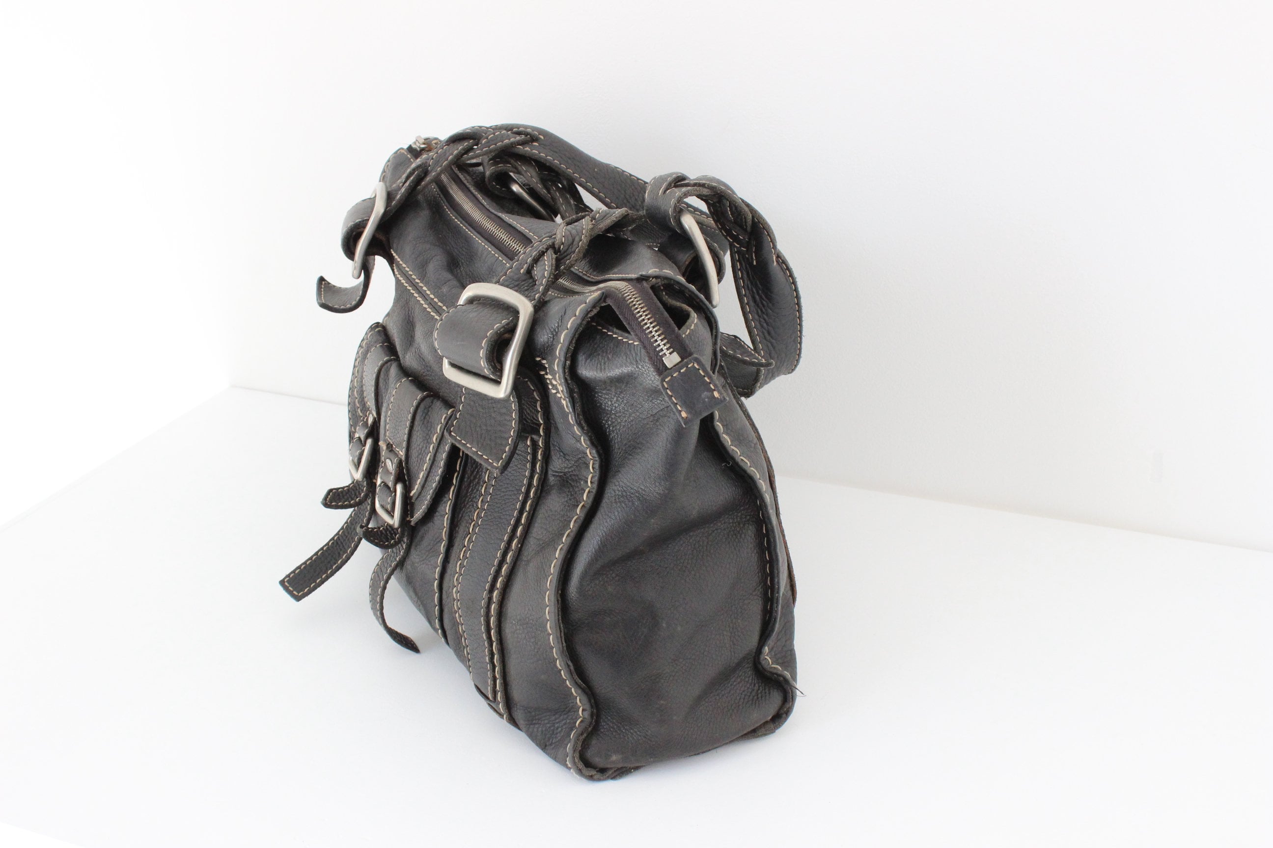 Y2K FOSSIL Black Leather Carry All Handbag