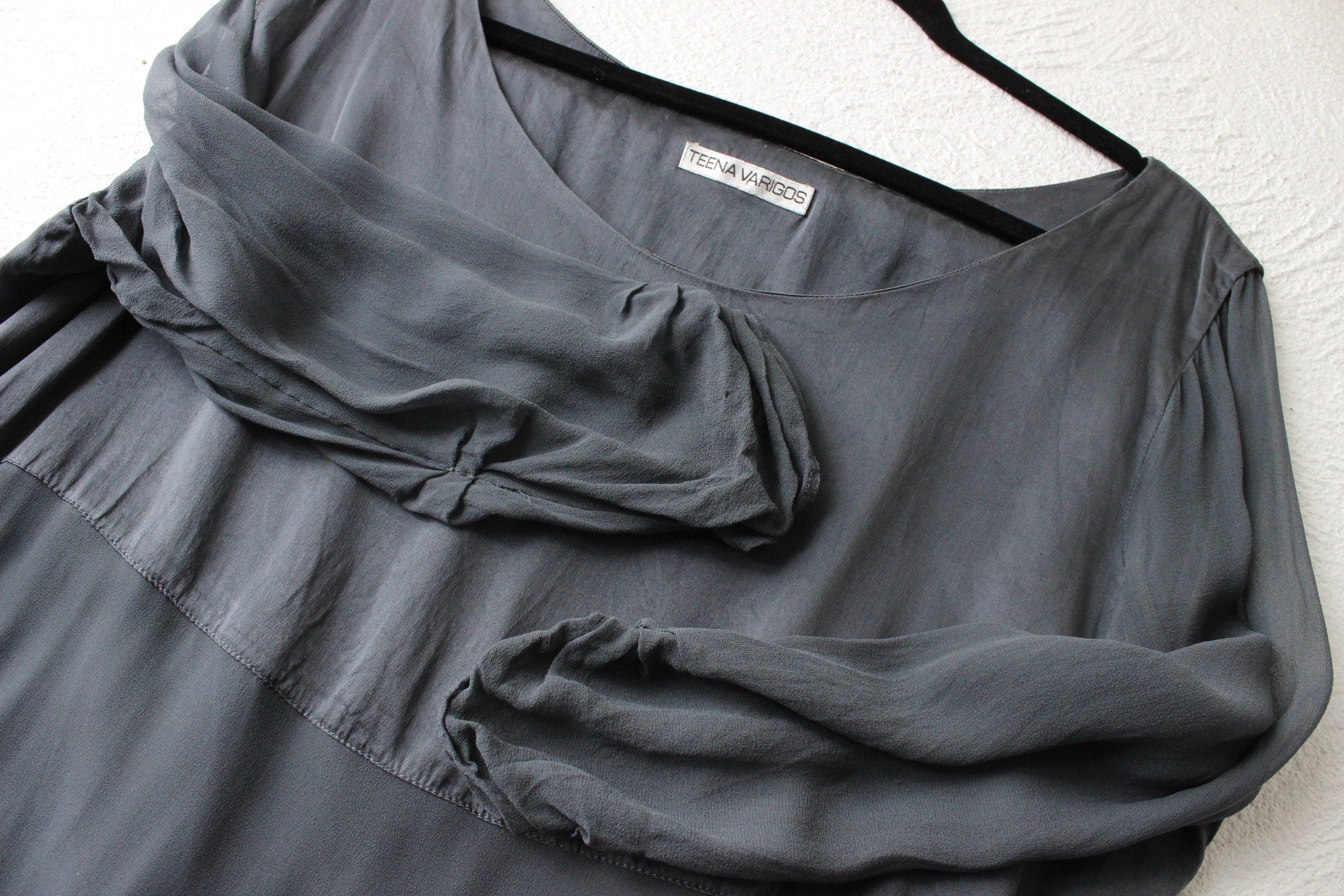 90s Pure Silk Layered Slate Grey Relaxed Dress w/ Satin & Sheer Panels