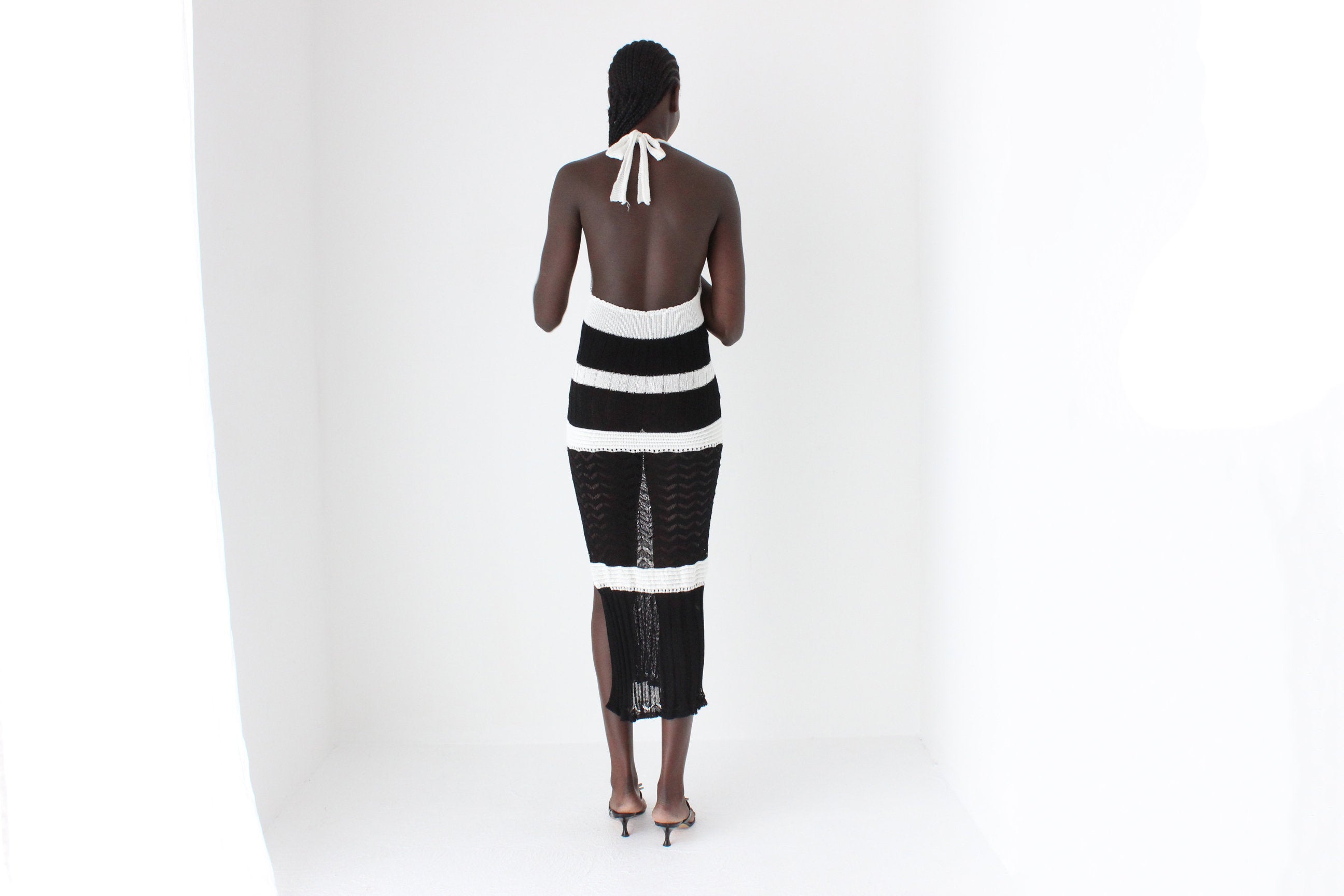 Y2K Black & White Crochet Knit Halter Dress