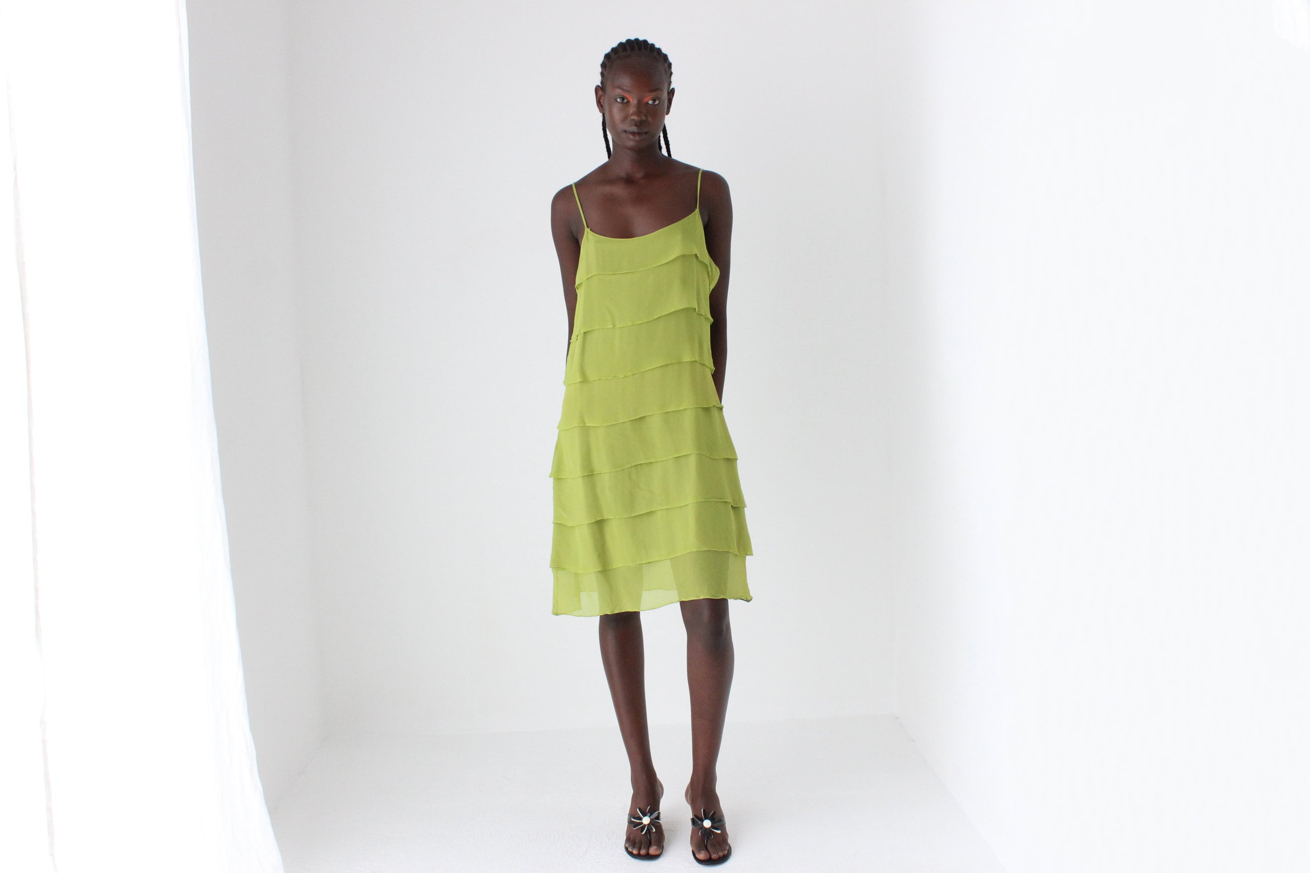 90s Chartreuse Silk Layered Ruffle Slip Dress