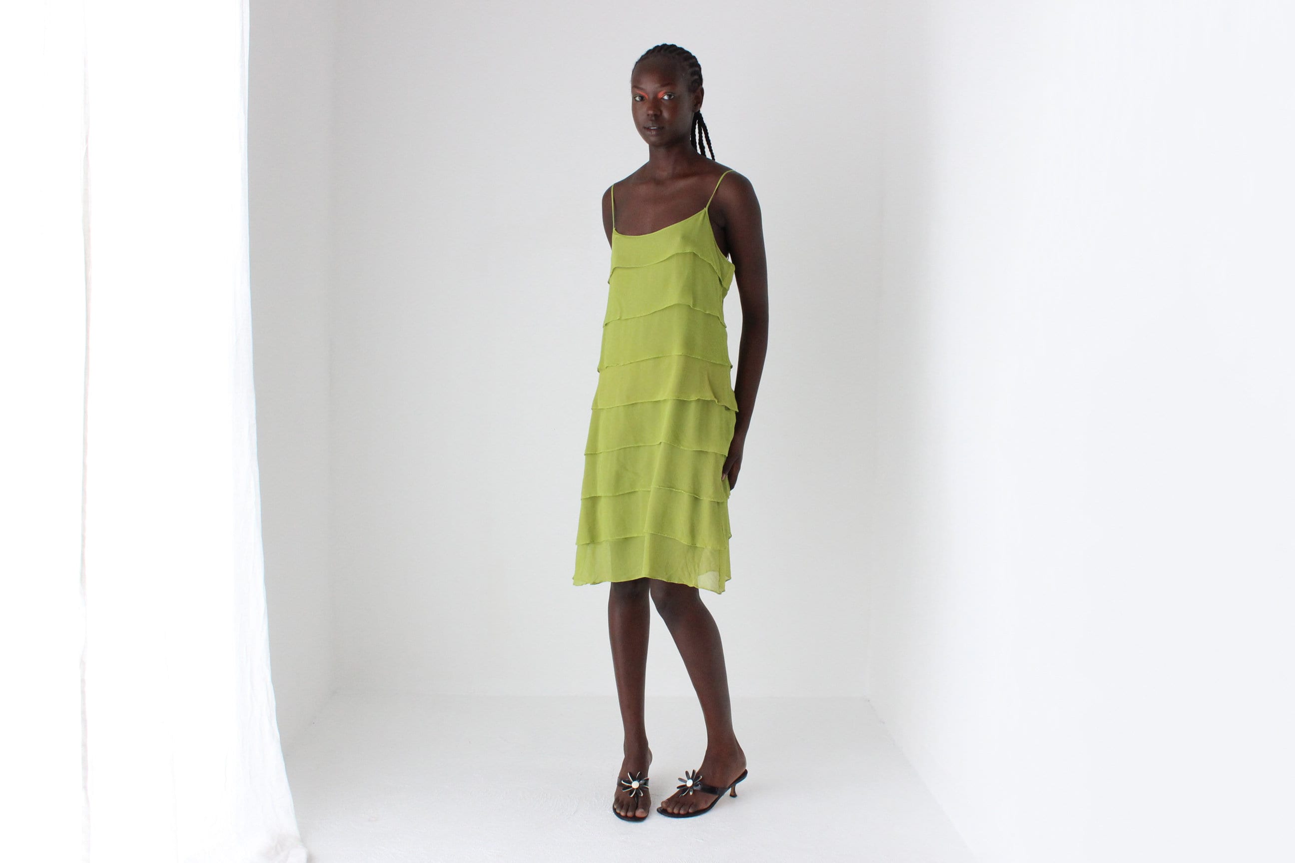 90s Chartreuse Silk Layered Ruffle Slip Dress