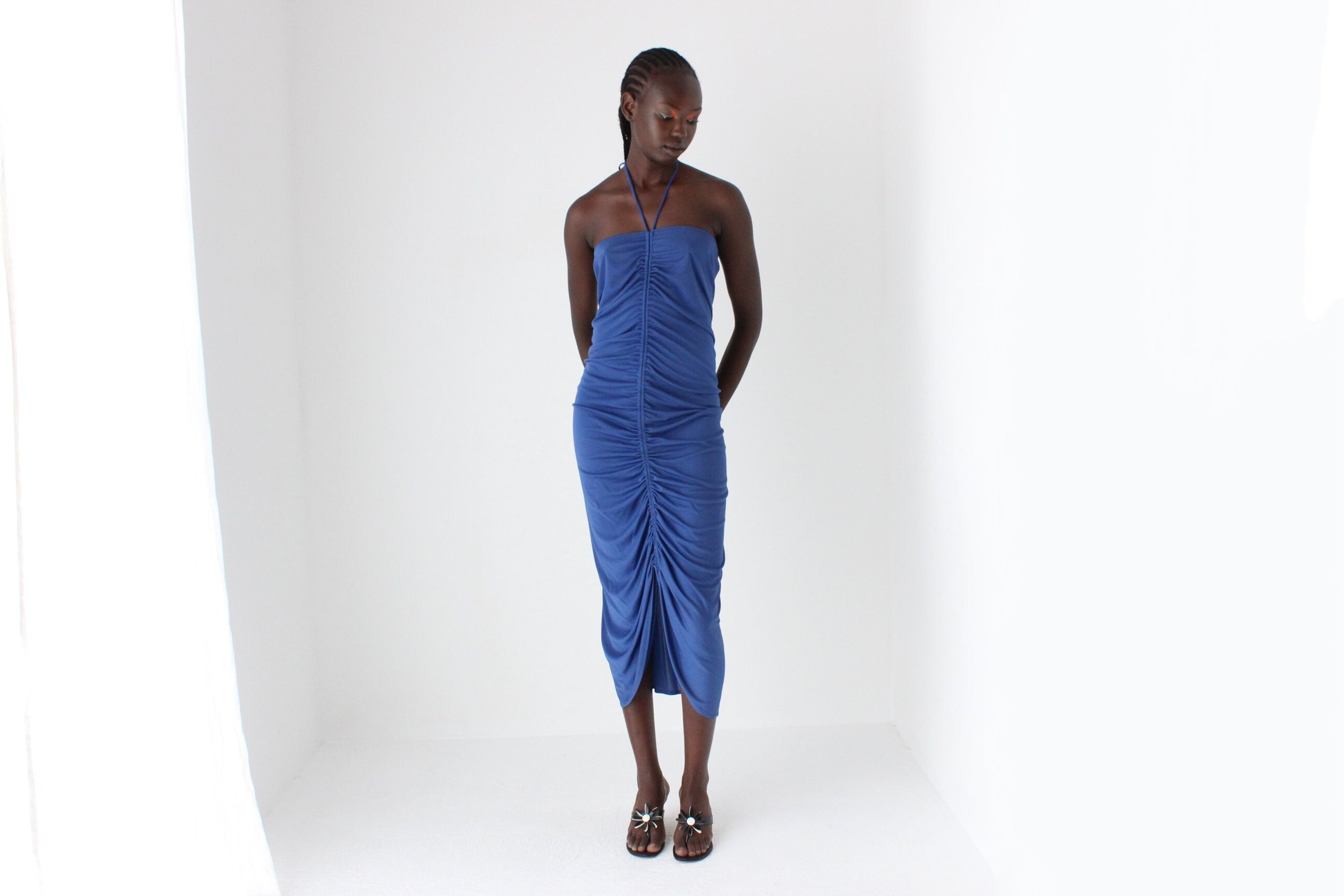 70s Slinky Gathered Jersey Halter Dress by Mr K