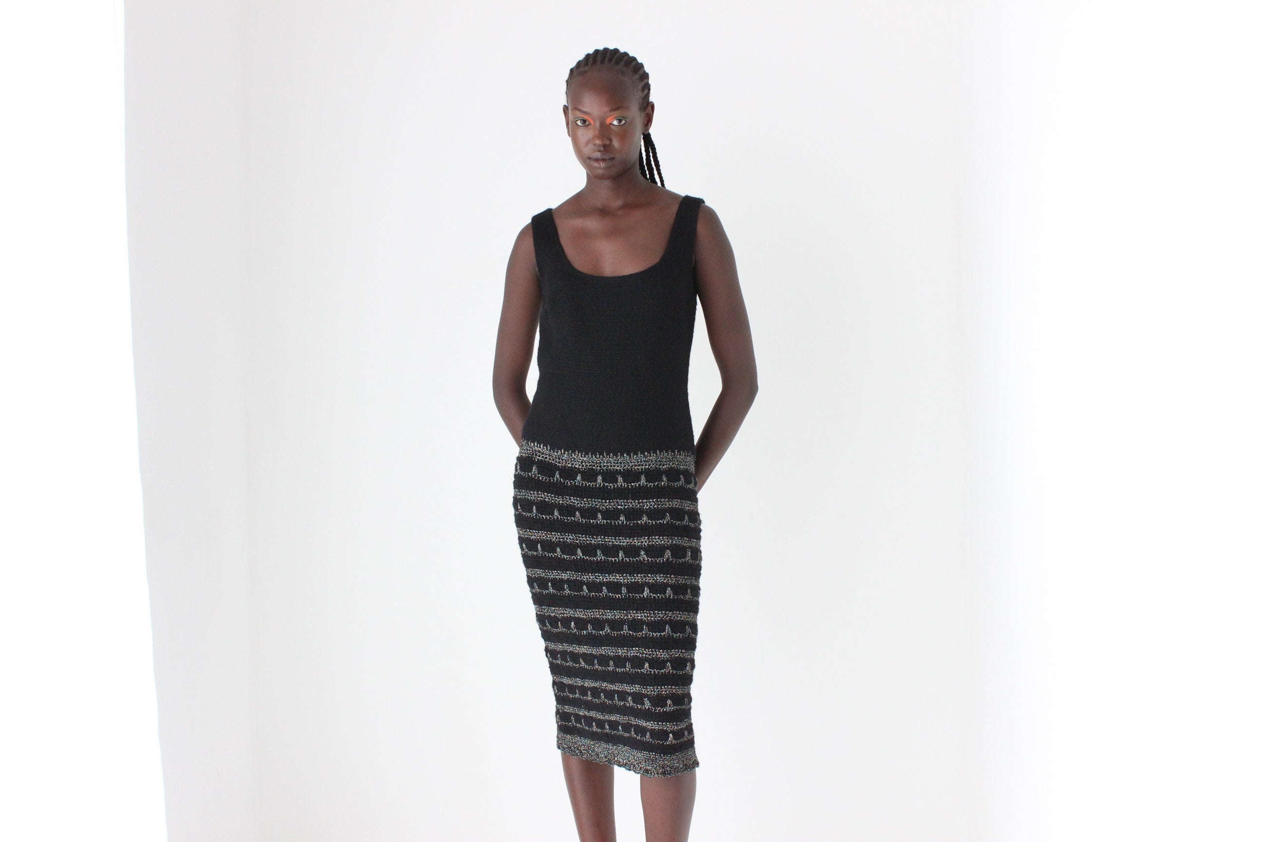 90s Moschino Couture Textured Tweed & Macrame Dress