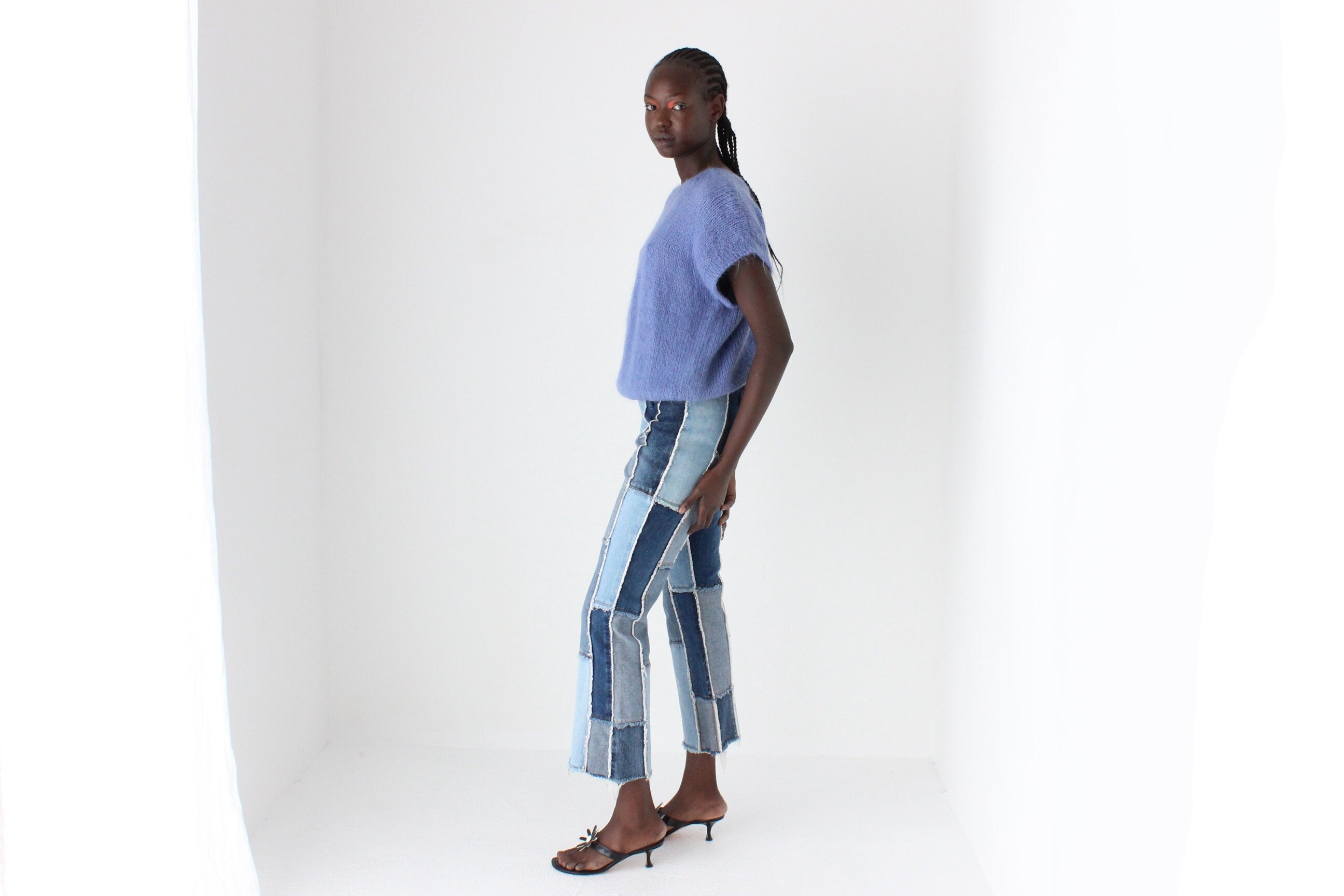 Y2K Frayed Denim Patchwork Texture Jeans