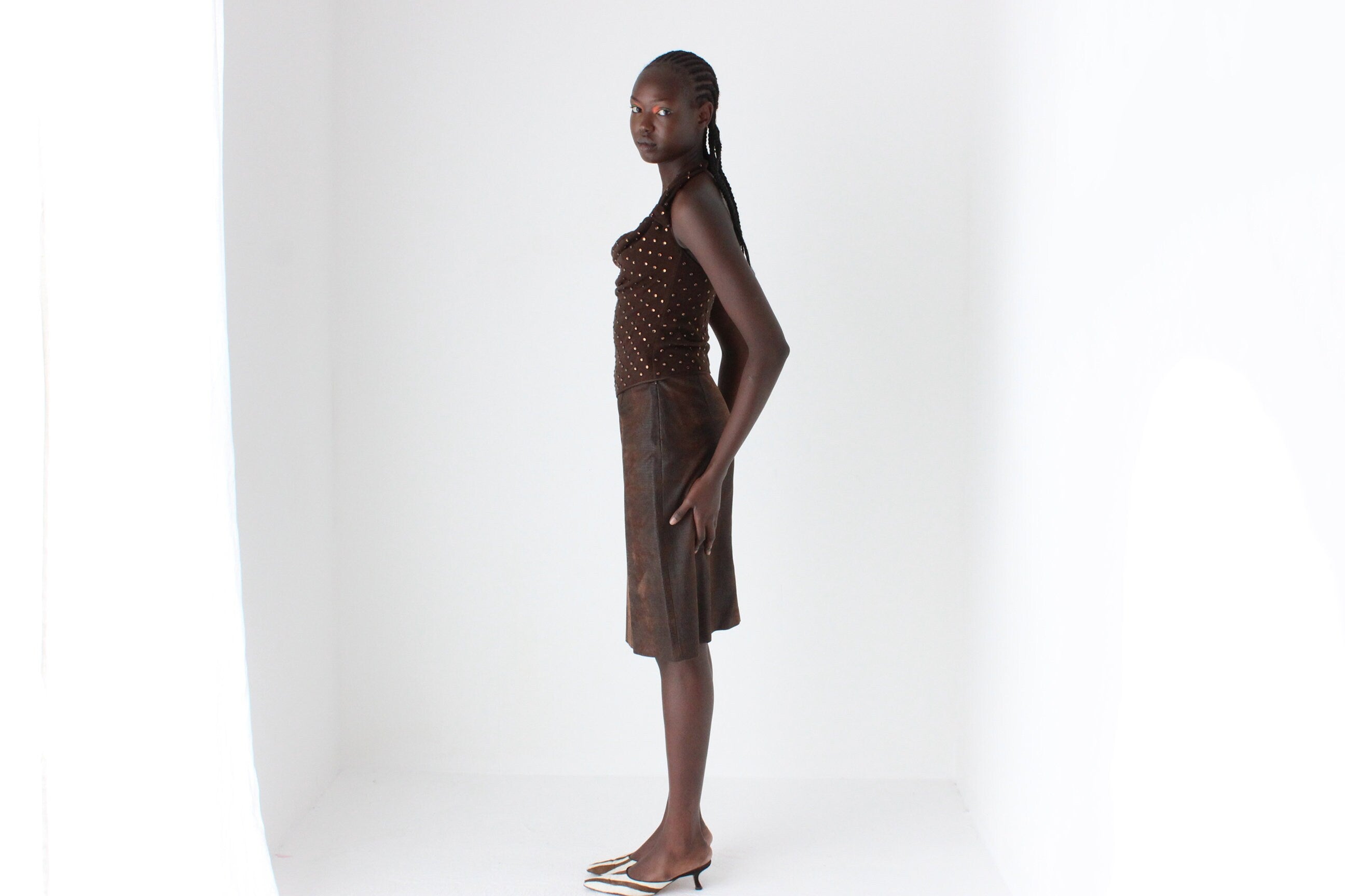 90s Chocolate Lizard Look Knee Length Skirt