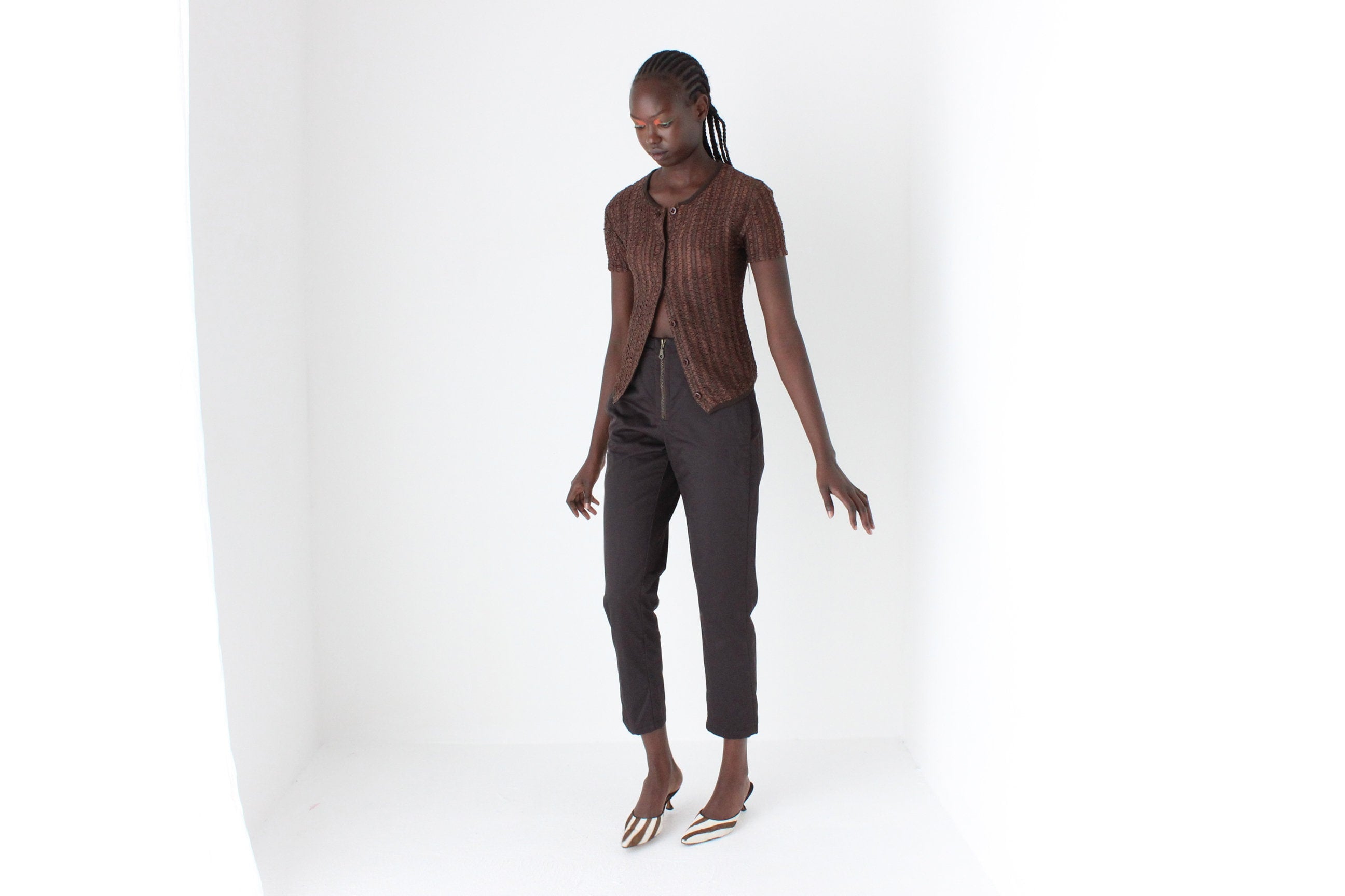 90s Unusual Textural Choc Nylon Trousers