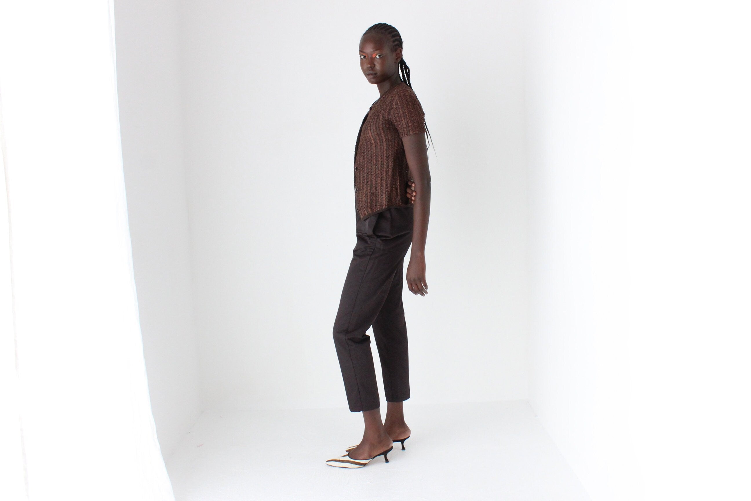 90s Unusual Textural Choc Nylon Trousers