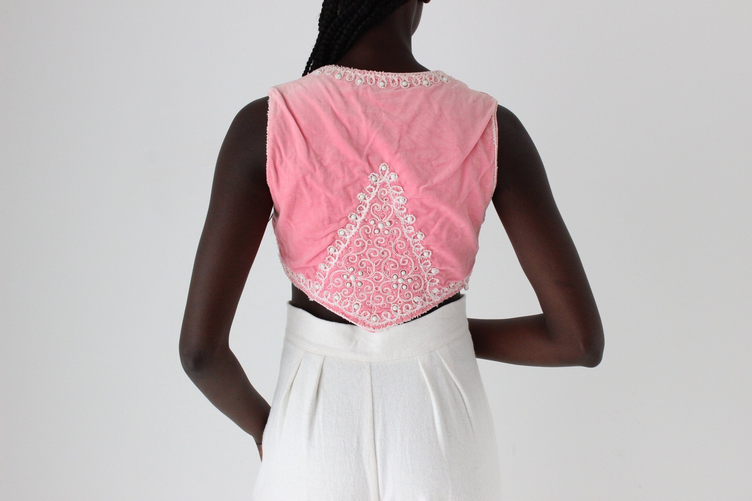 70s Pink Velvet Embellished Vest Crop Top