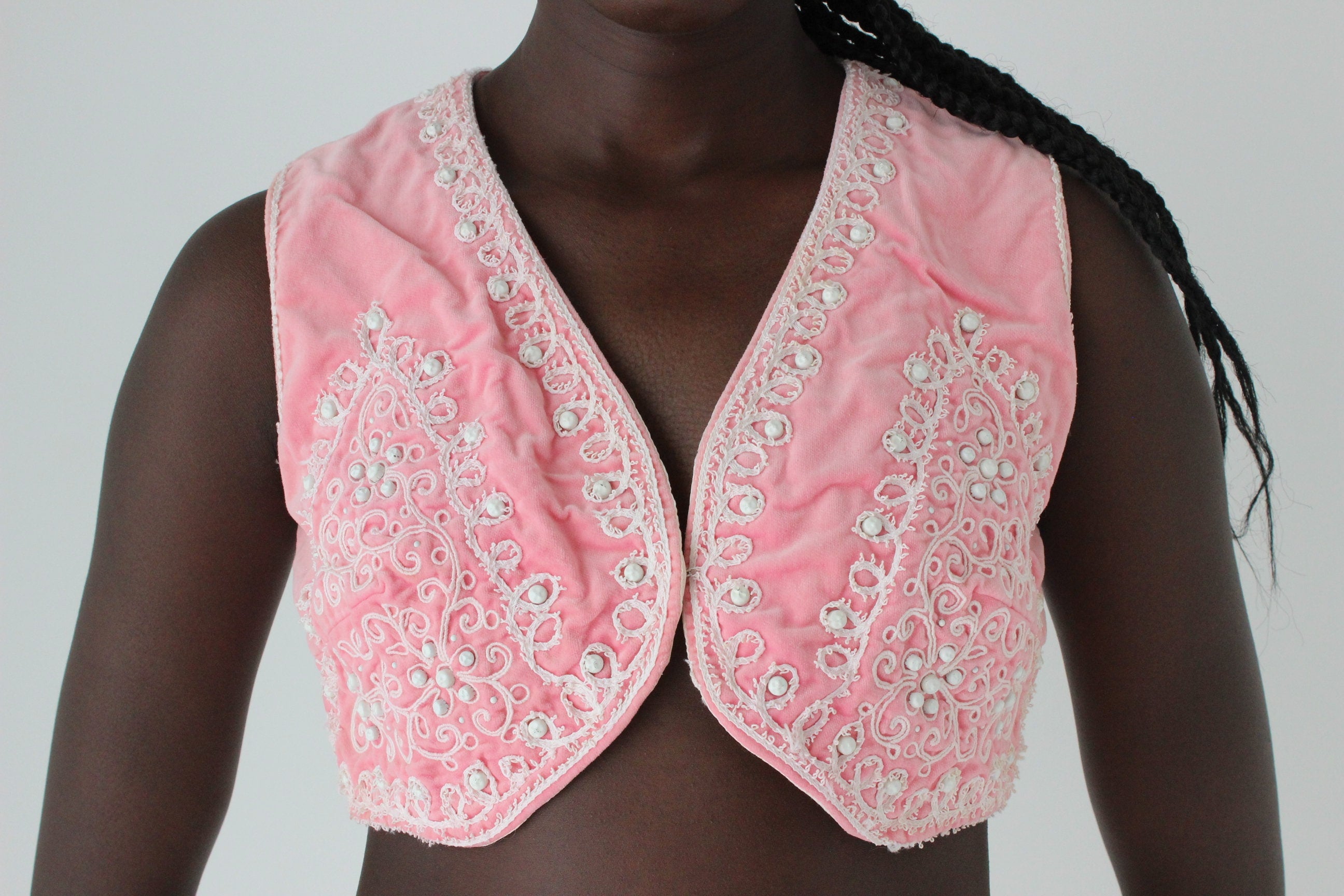 70s Pink Velvet Embellished Vest Crop Top
