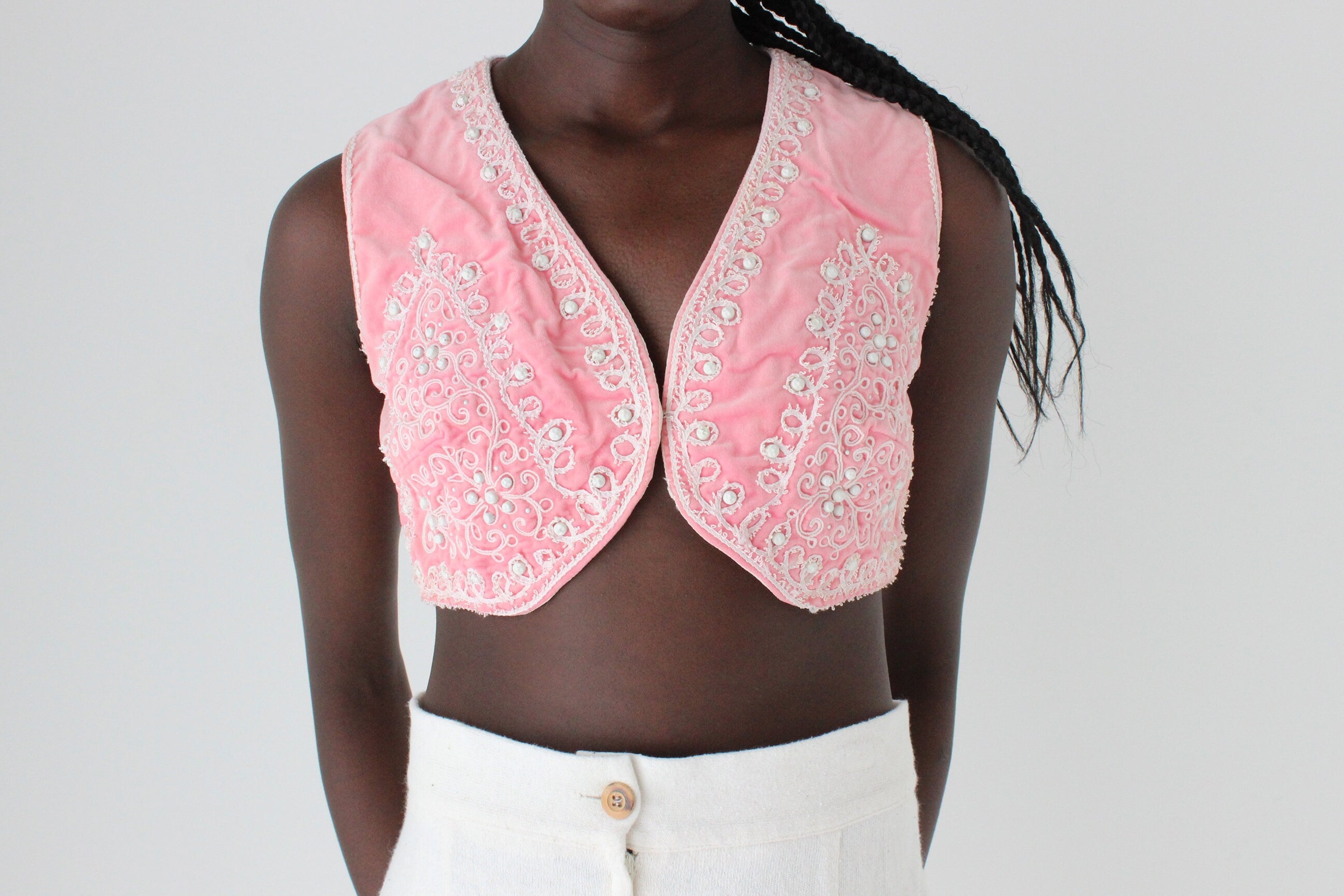 70s Pink Velvet Embellished Vest Crop Top