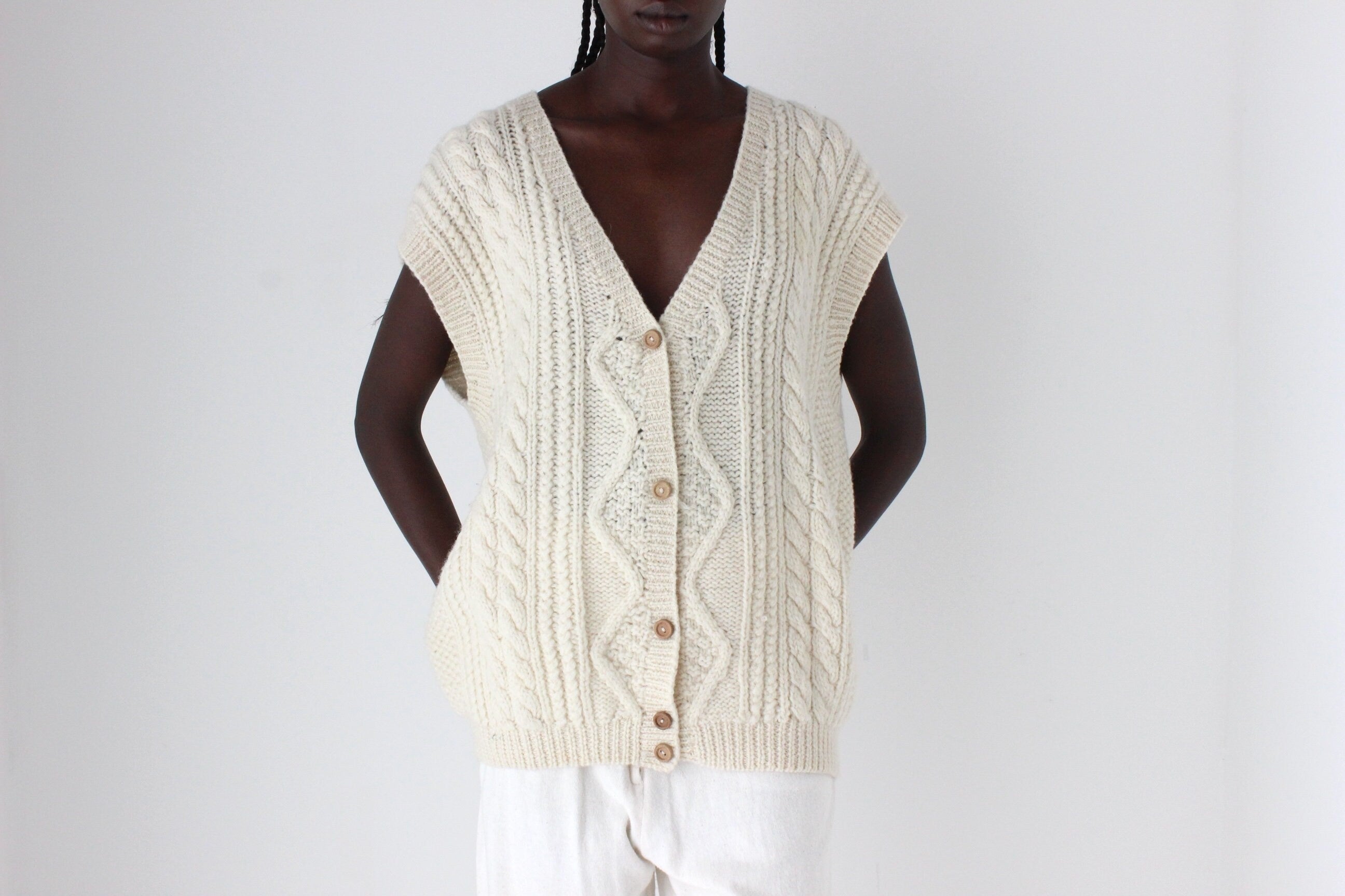 80s Wool Cable Knit Oversized Sweater Vest