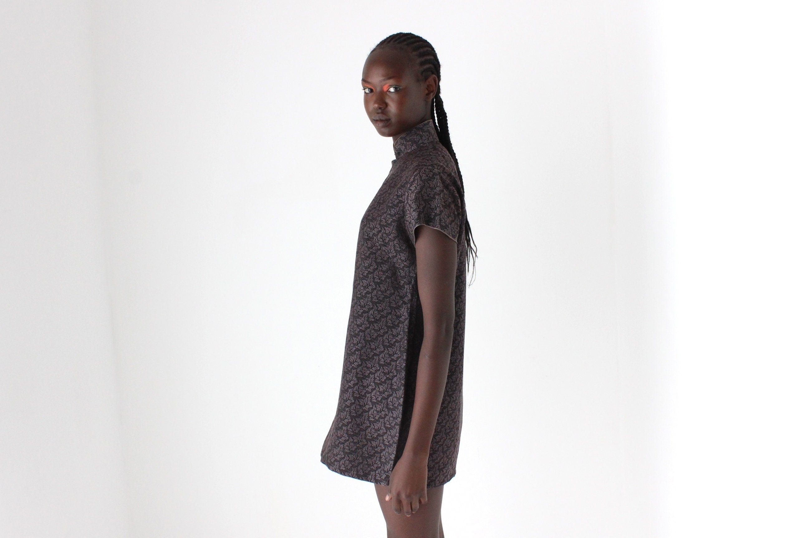 80s Custom Made Textured Cheongsam Collar Mini