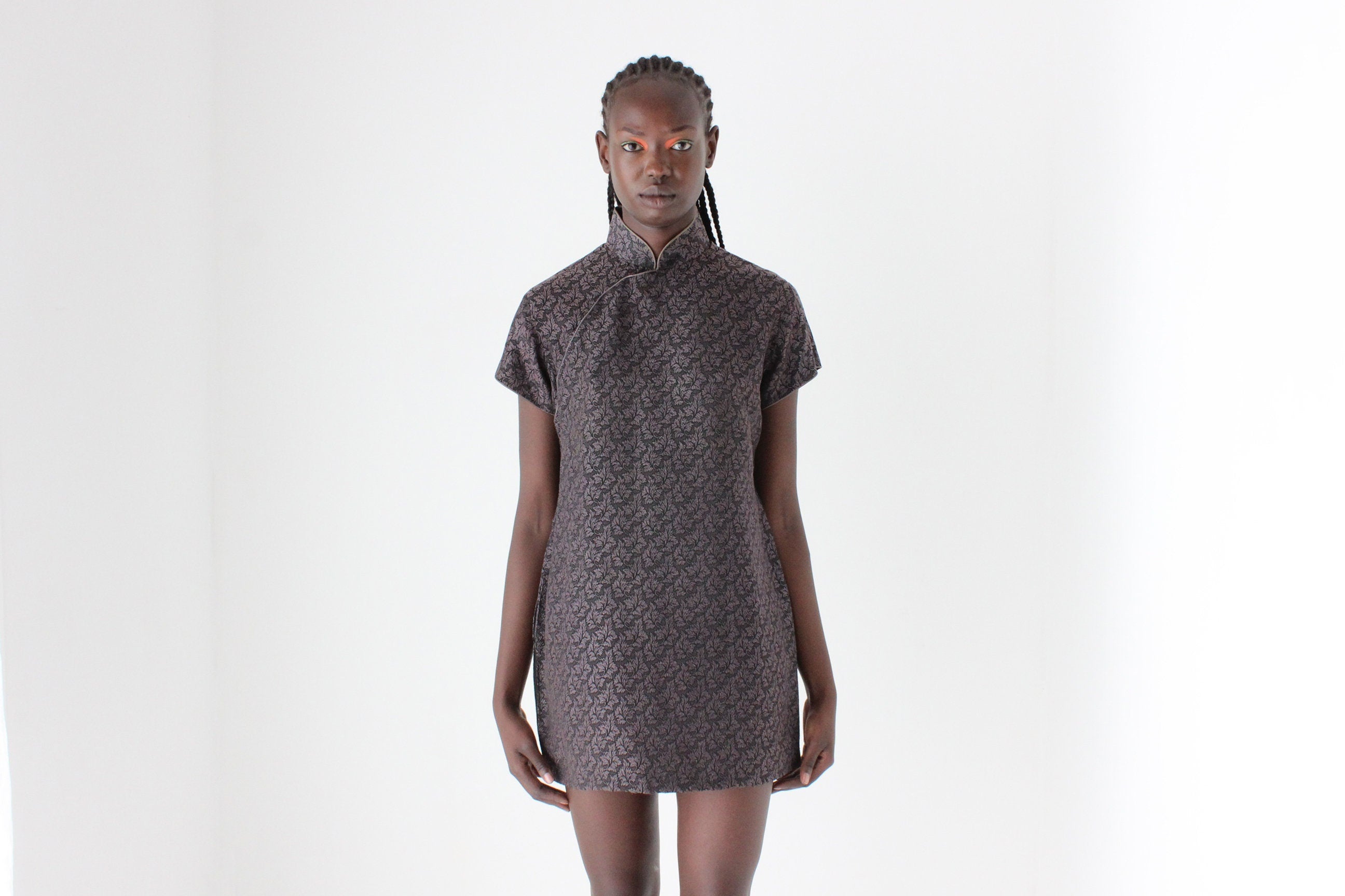 80s Custom Made Textured Cheongsam Collar Mini