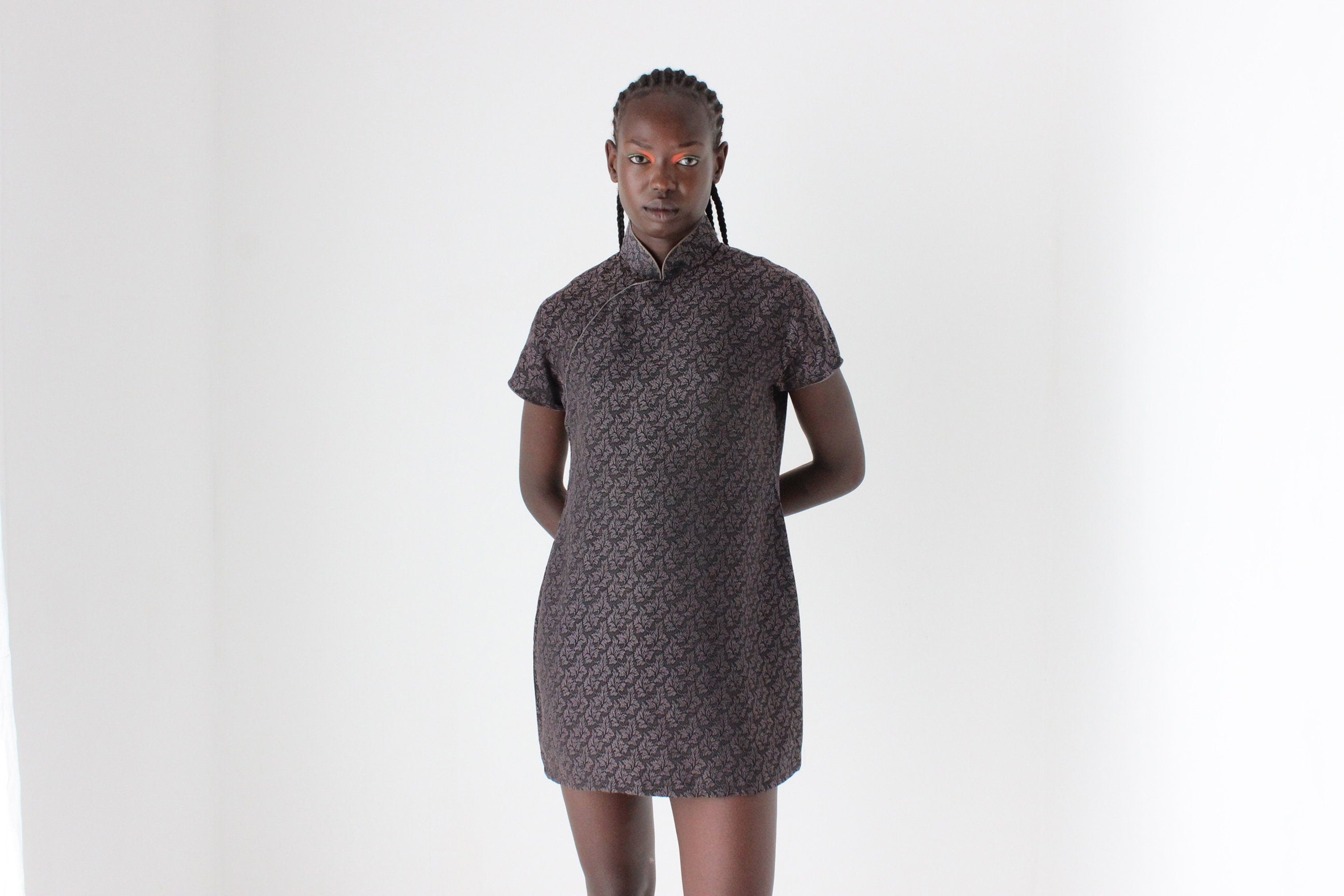 80s Custom Made Textured Cheongsam Collar Mini