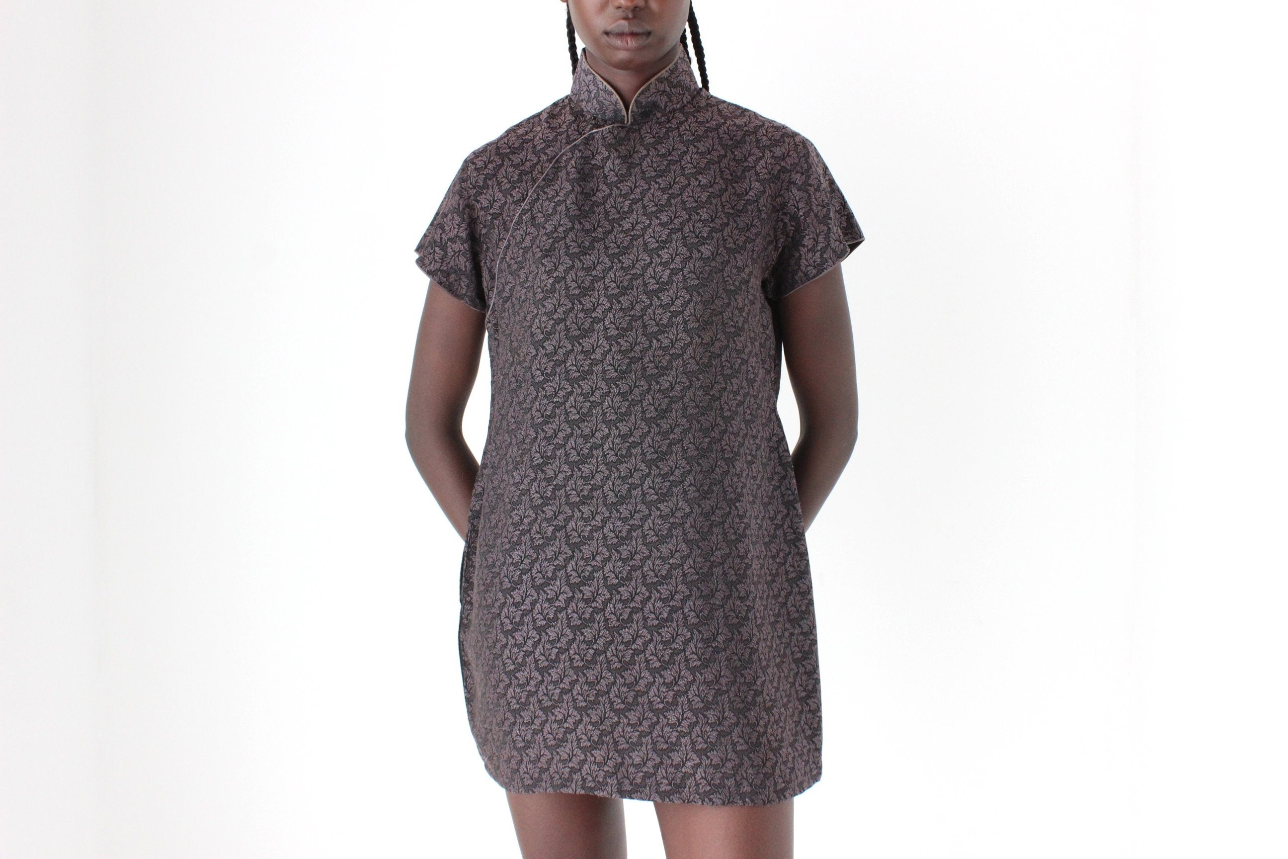80s Custom Made Textured Cheongsam Collar Mini