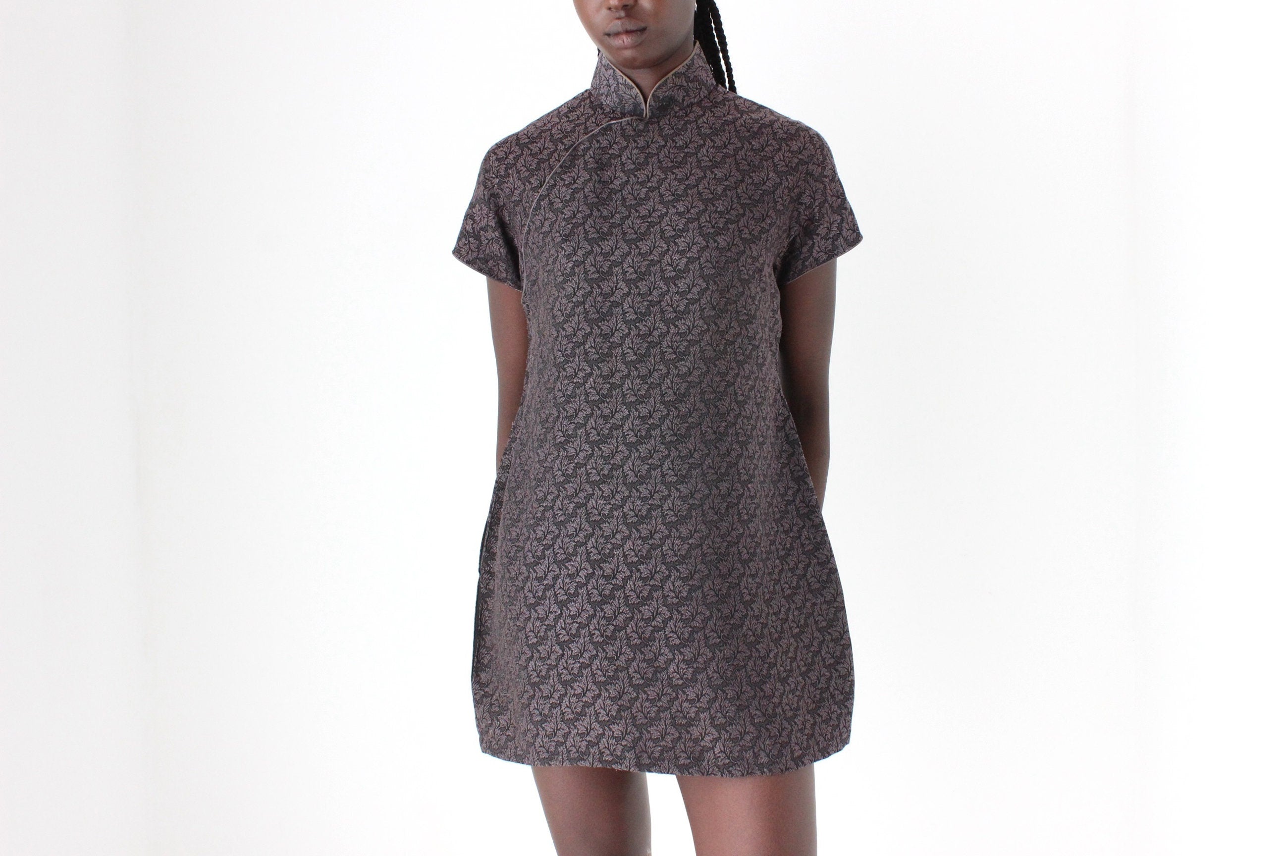 80s Custom Made Textured Cheongsam Collar Mini