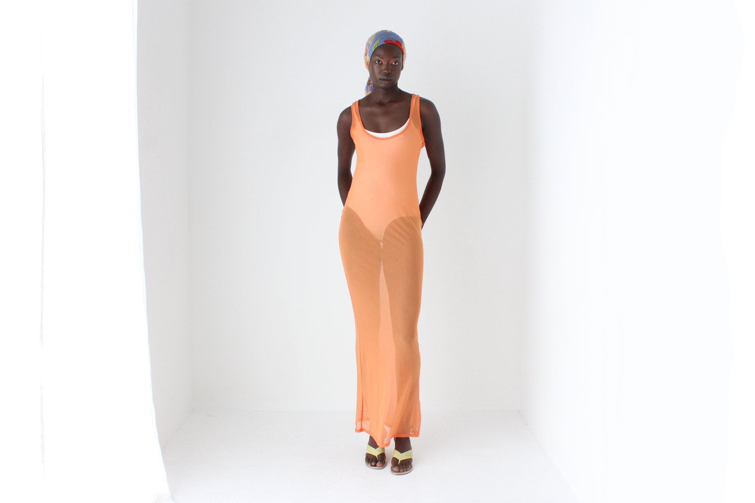 Y2K Sheer Orange Mesh Maxi