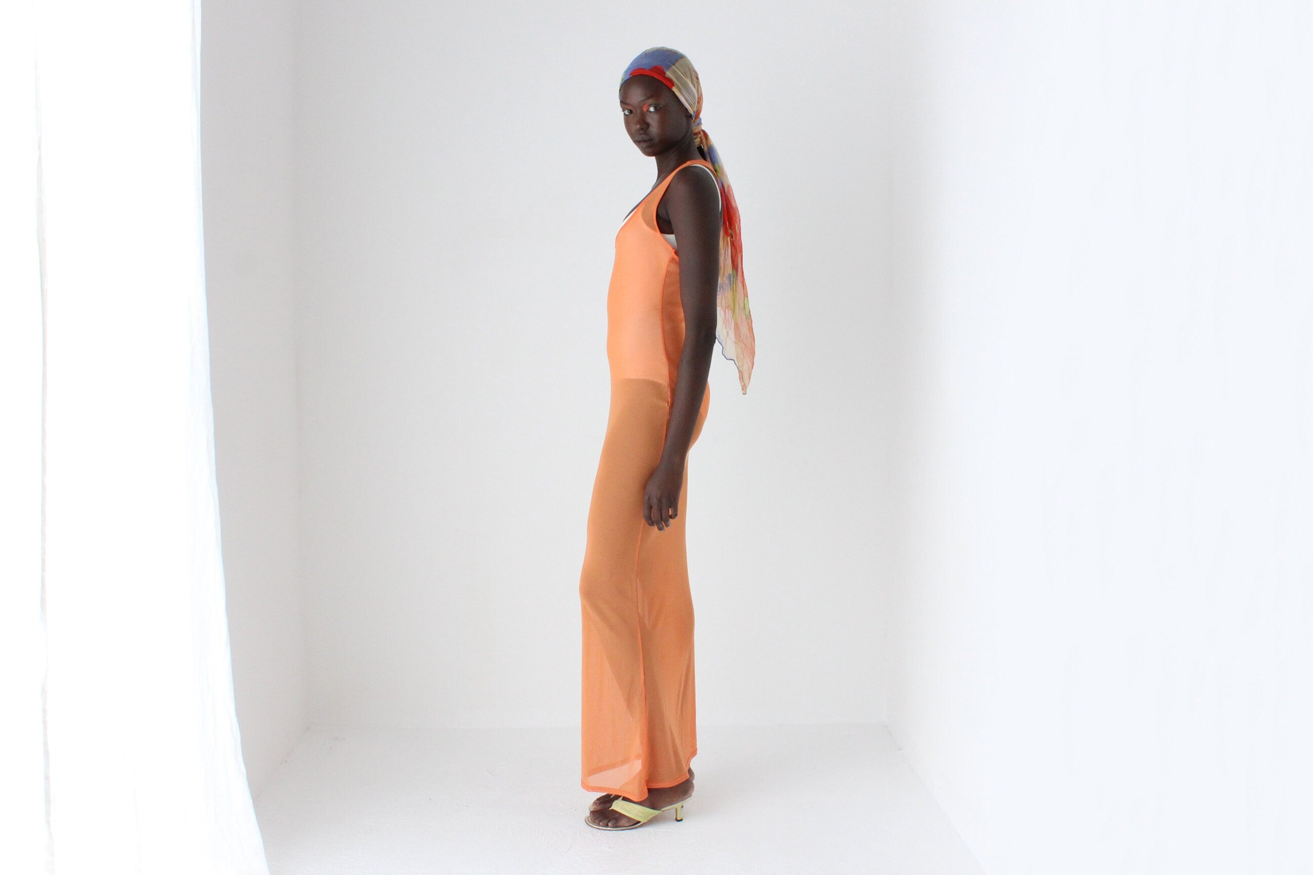 Y2K Sheer Orange Mesh Maxi