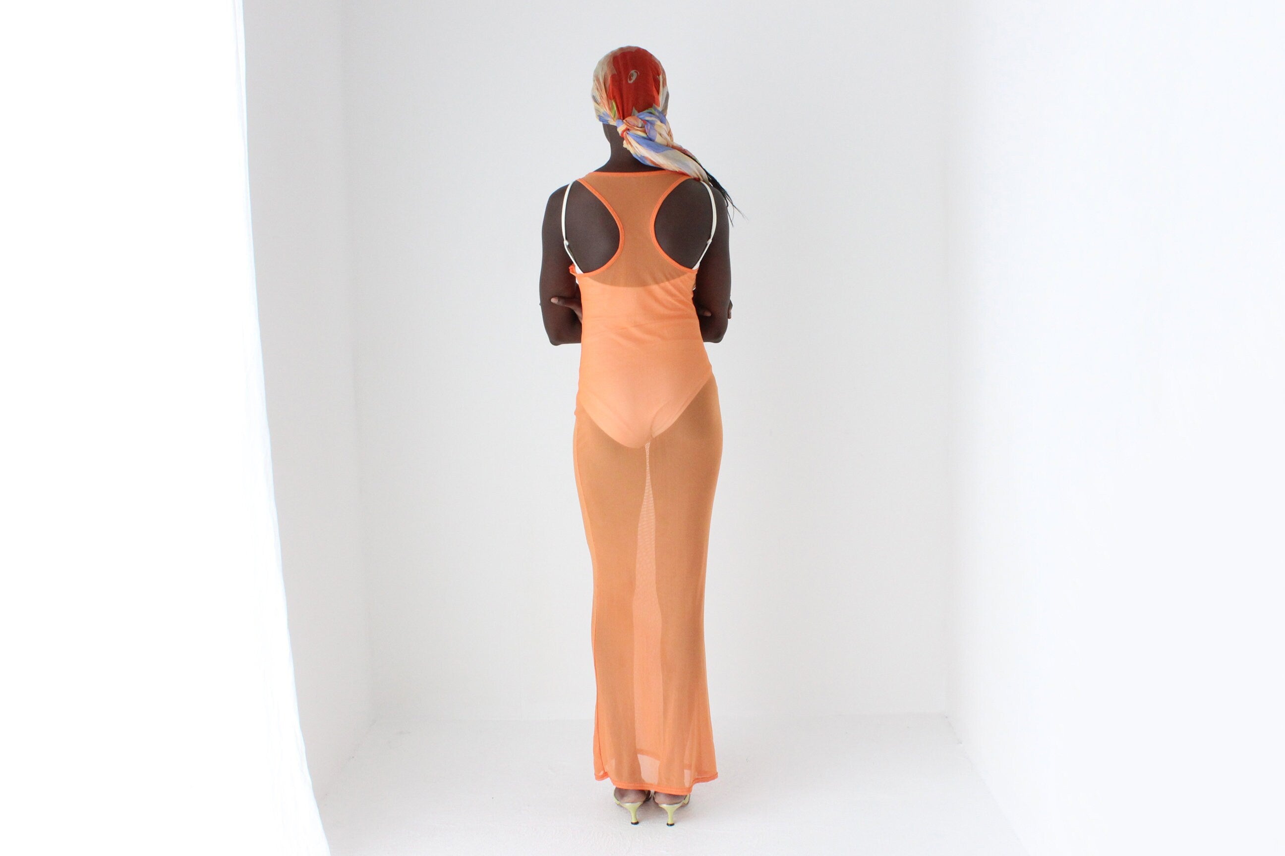 Y2K Sheer Orange Mesh Maxi