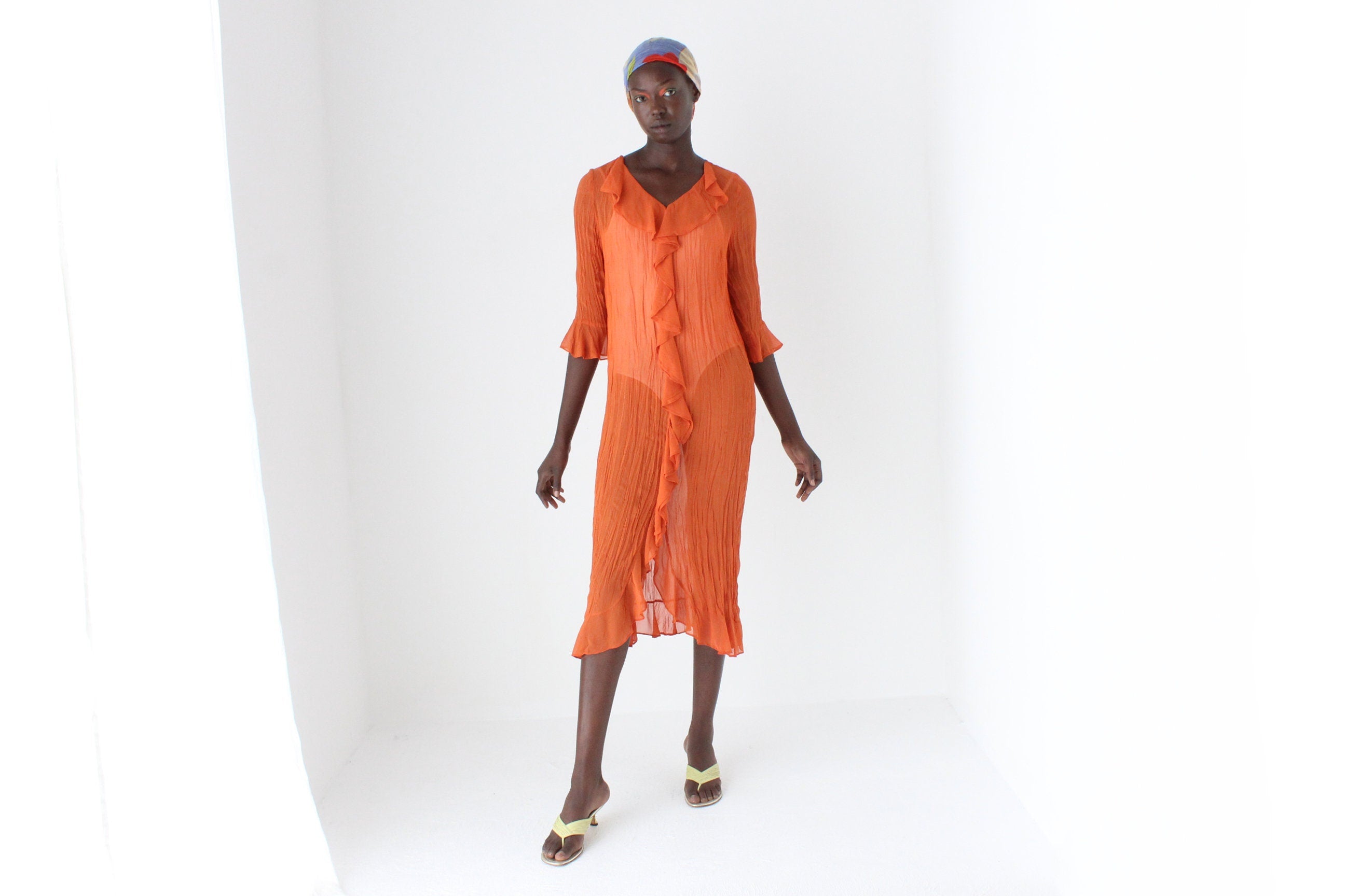 90s Crinkle Textured Sheer Ruffle Relaxed Shirt Dress