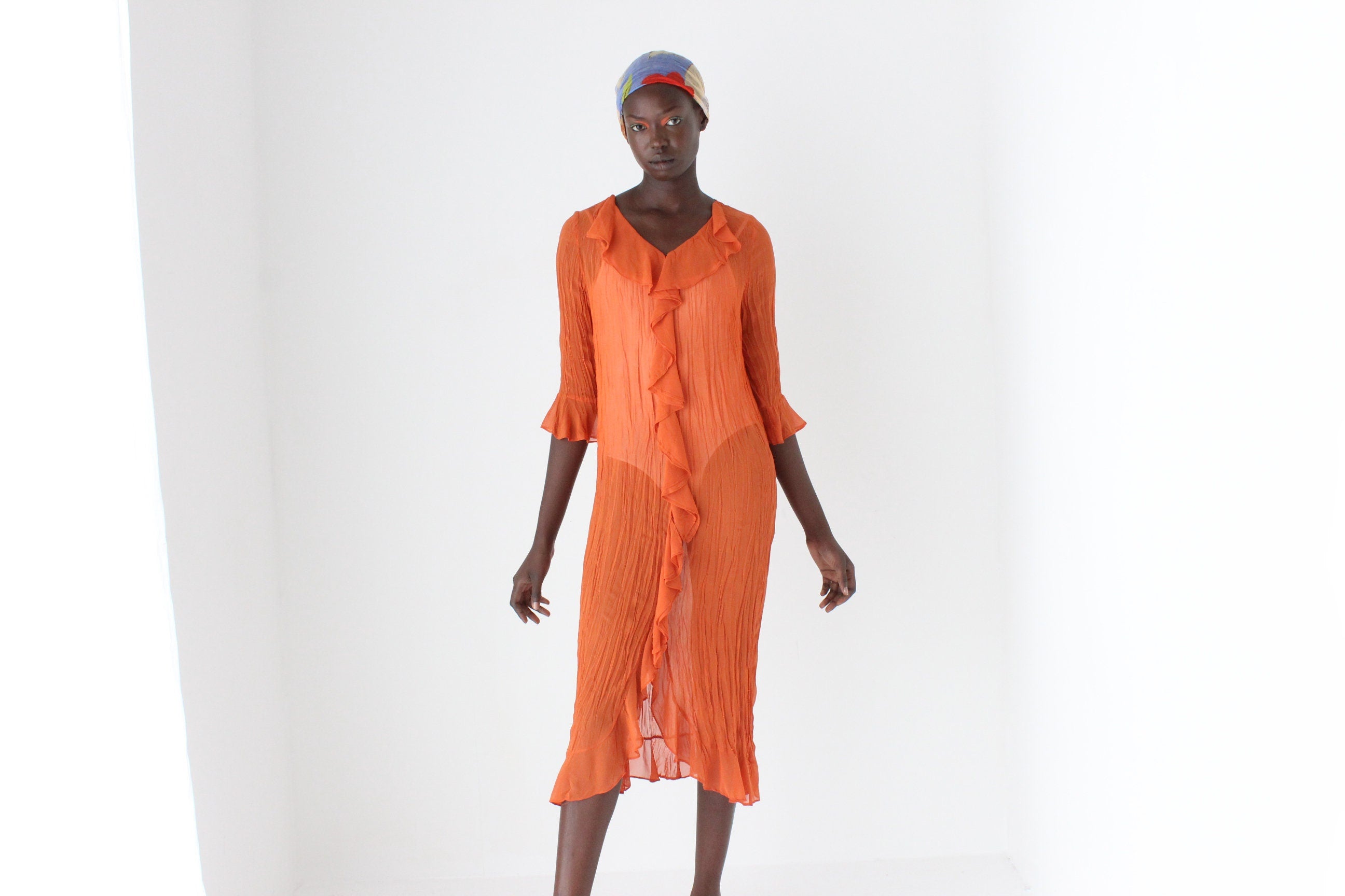 90s Crinkle Textured Sheer Ruffle Relaxed Shirt Dress