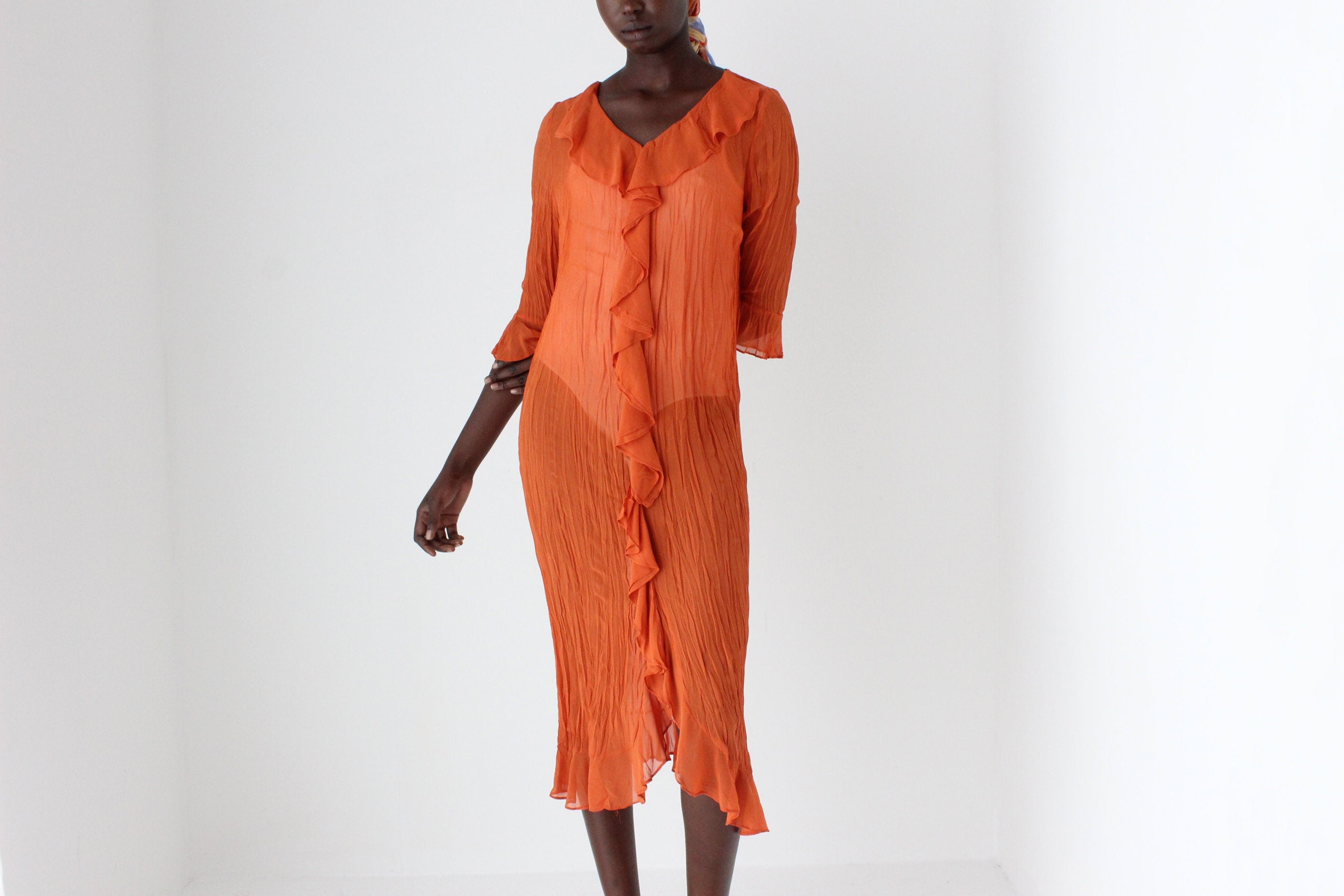 90s Crinkle Textured Sheer Ruffle Relaxed Shirt Dress
