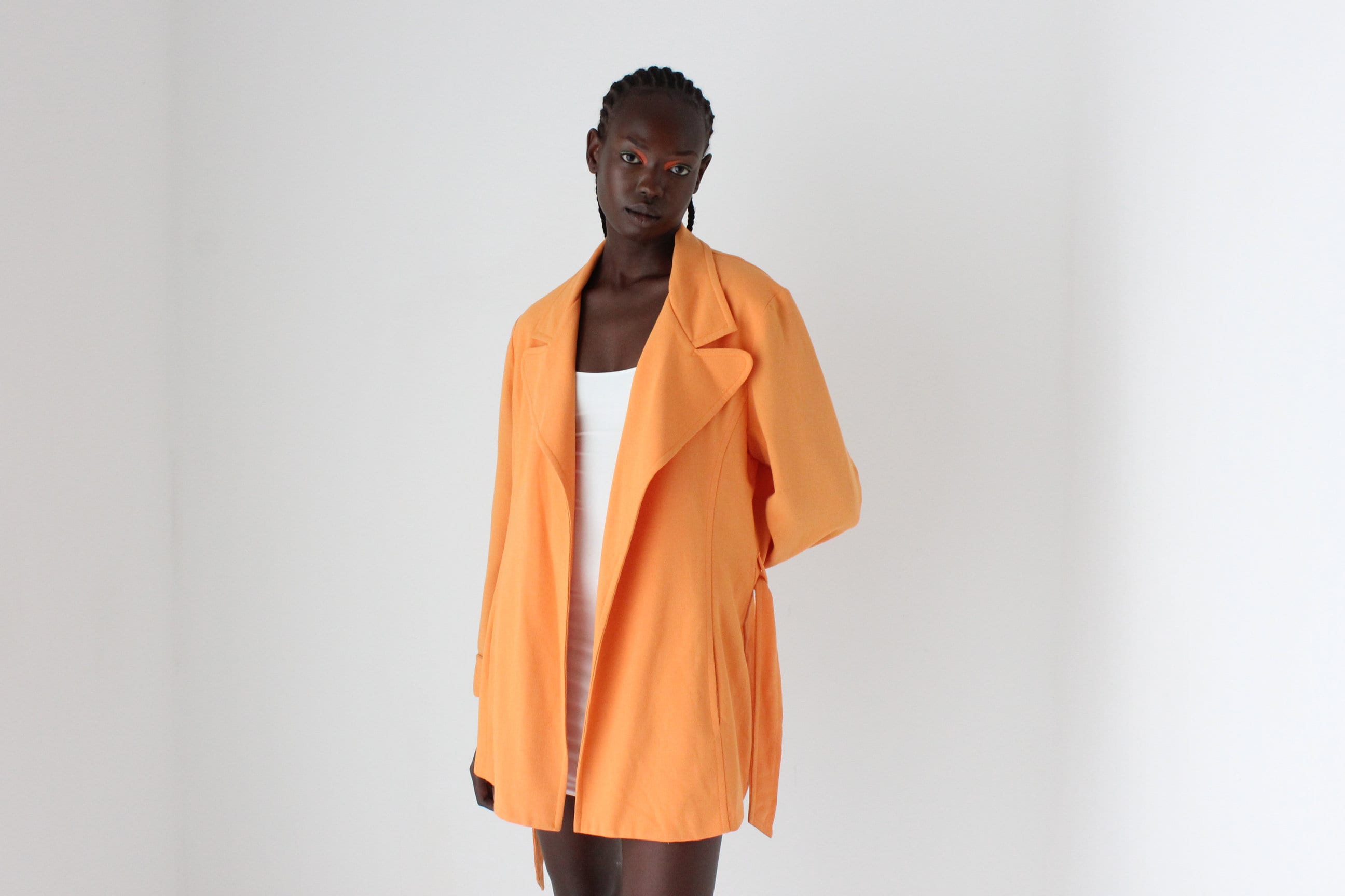 80s Textured Crepe Belted Swing Coat