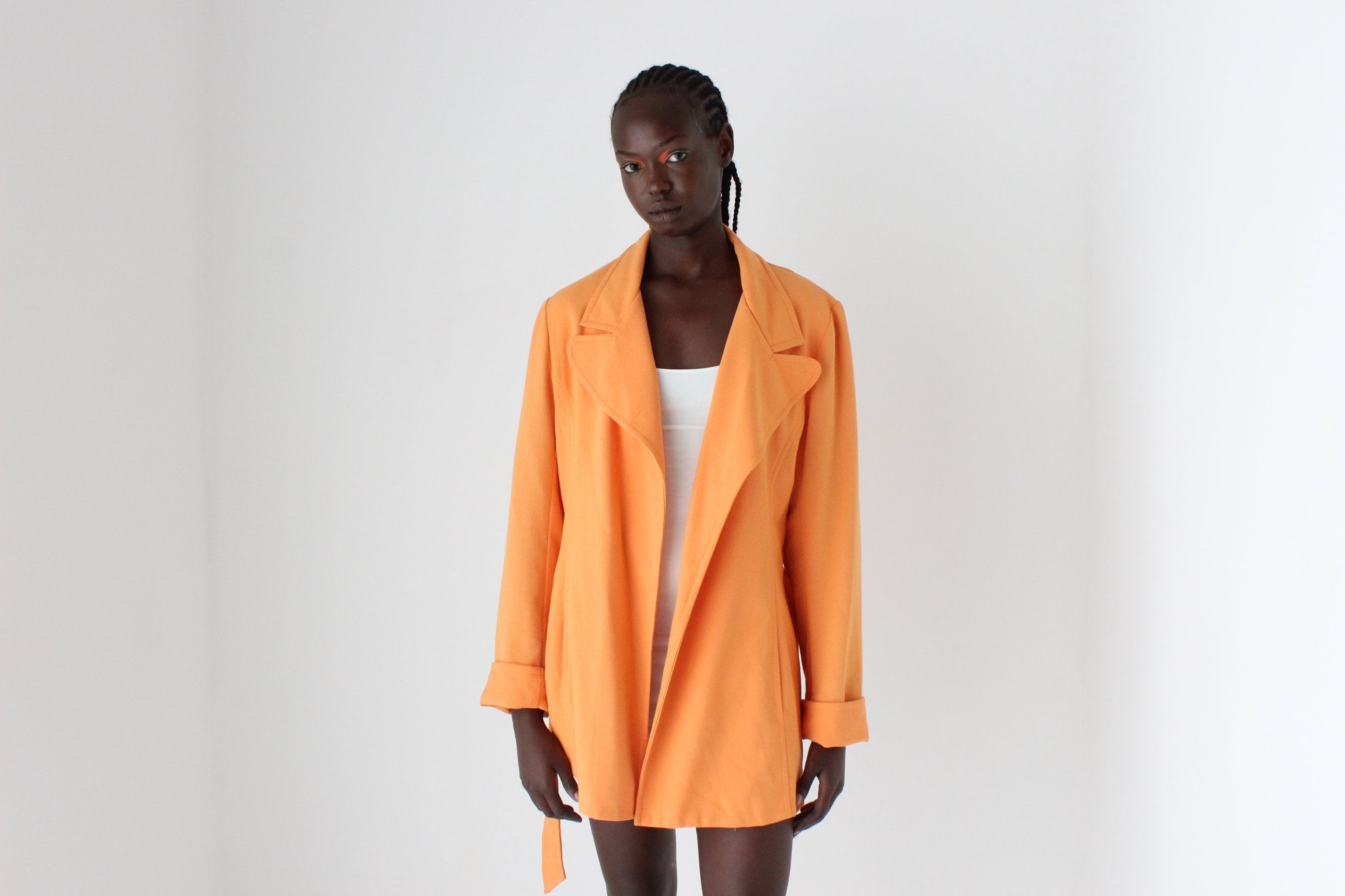 80s Textured Crepe Belted Swing Coat