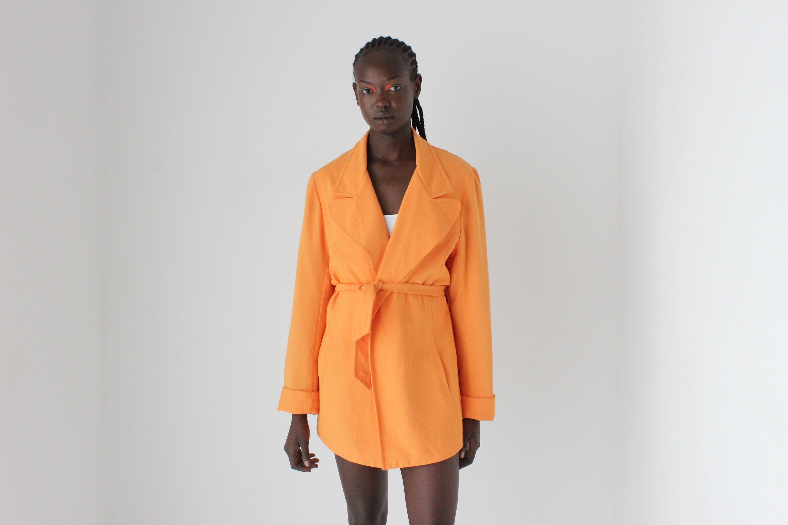 80s Textured Crepe Belted Swing Coat