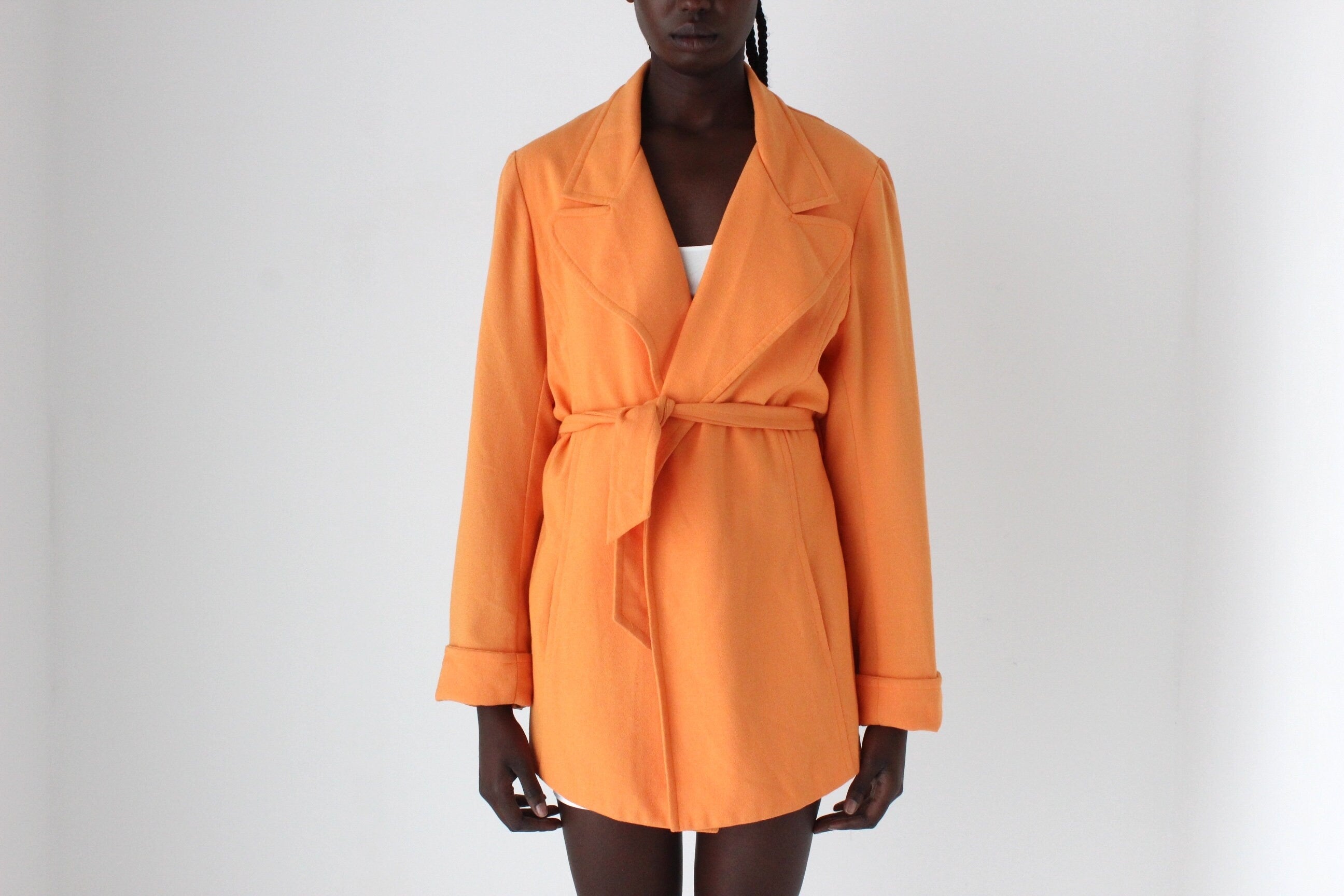 80s Textured Crepe Belted Swing Coat