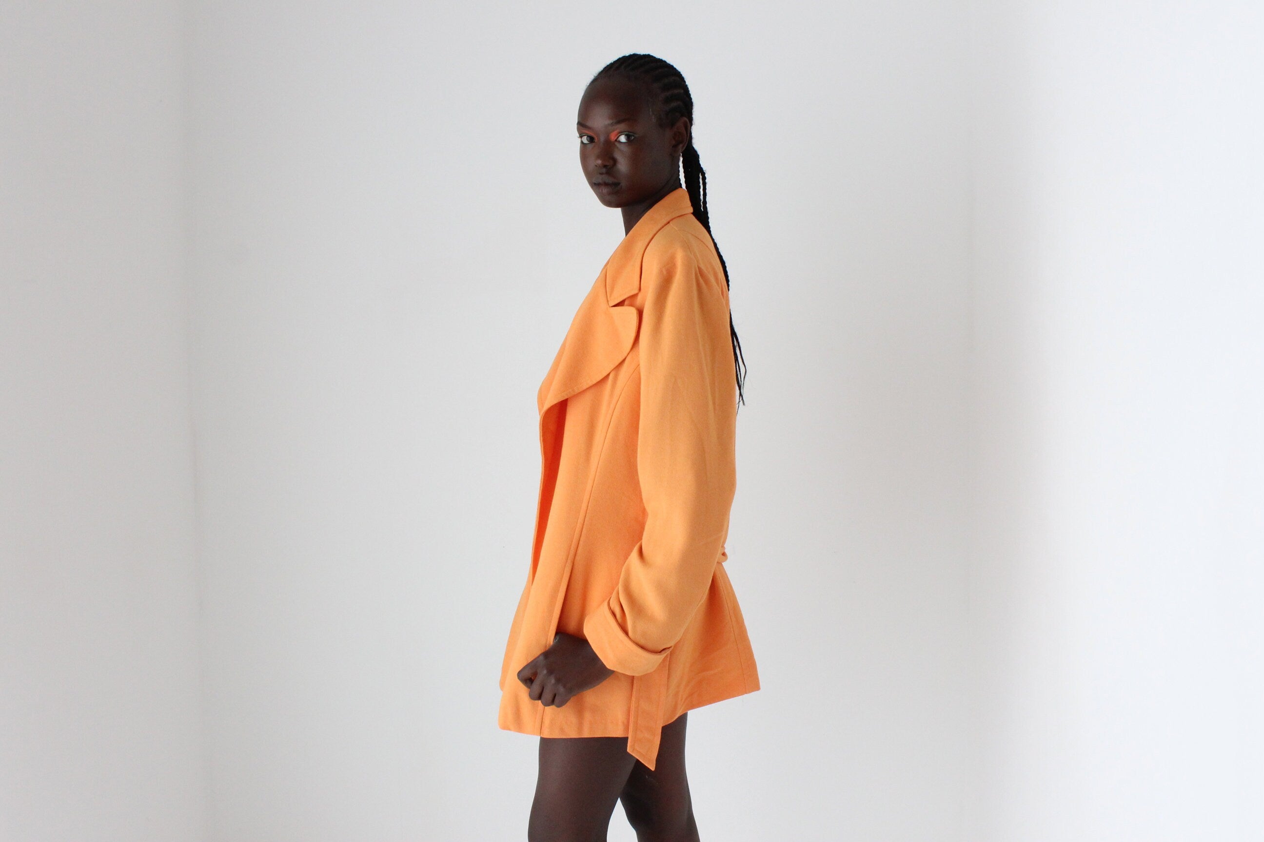 80s Textured Crepe Belted Swing Coat