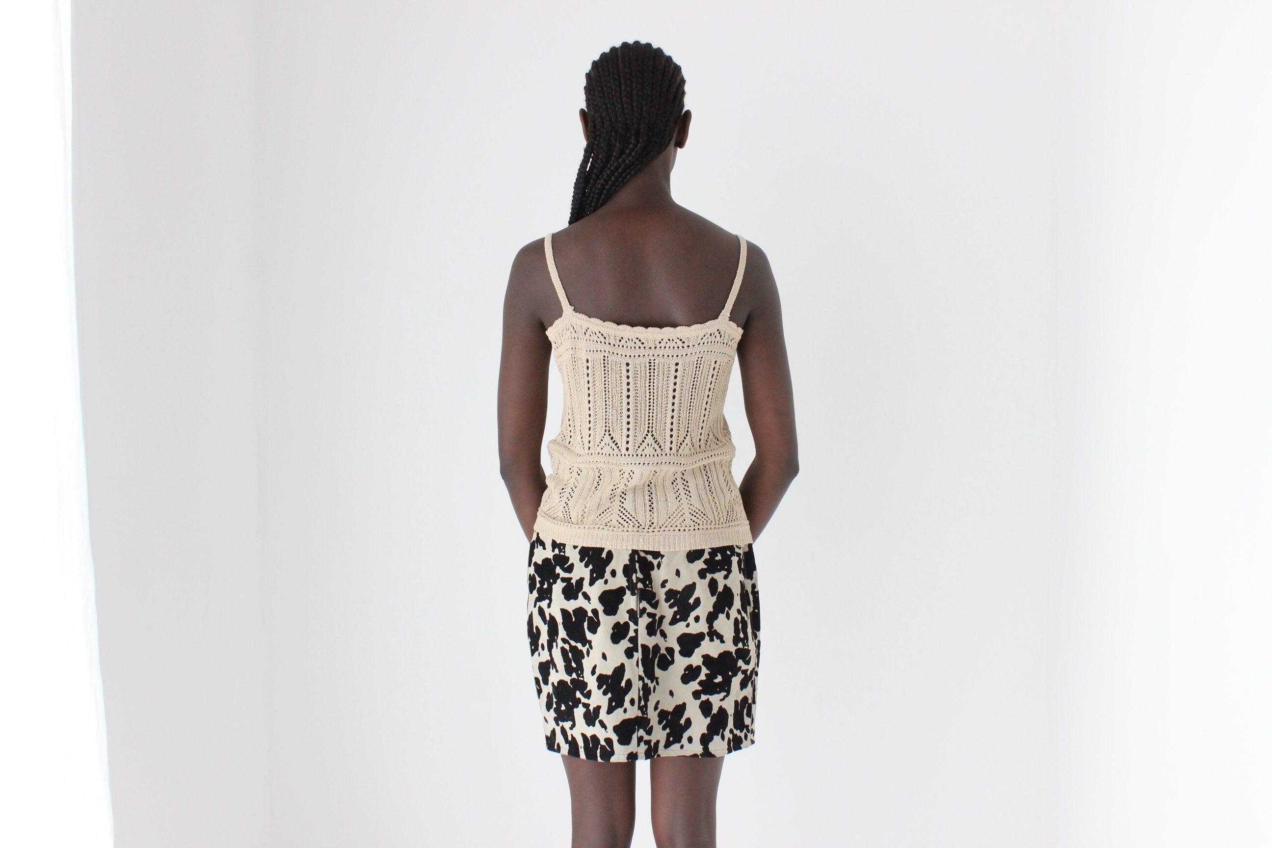 Y2K Textured Knit Beige Crochet Tank