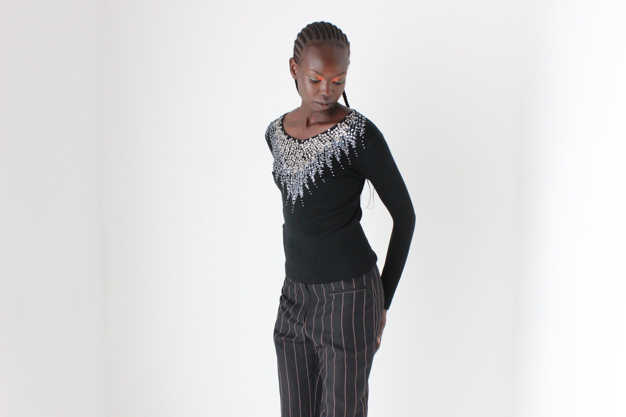 80s Sequin Stretch Knit Fitted Sweater Top