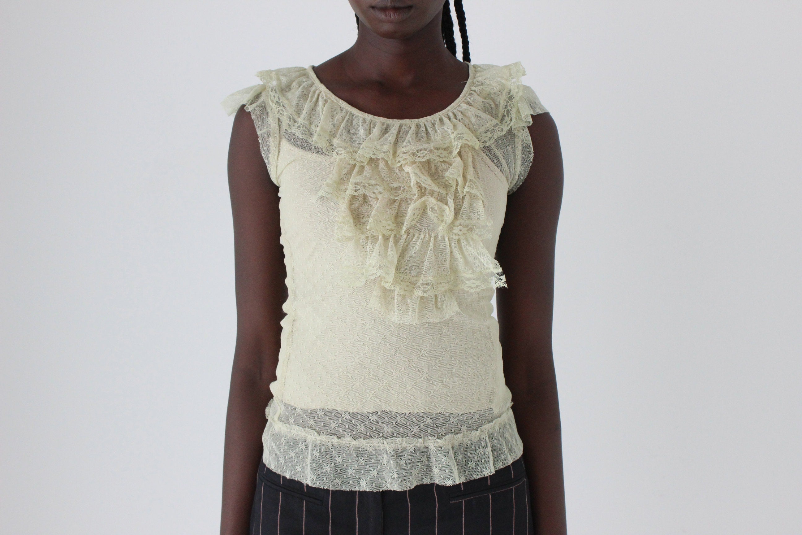 Y2K Whimsigoth Ruffle Lace Mesh Top