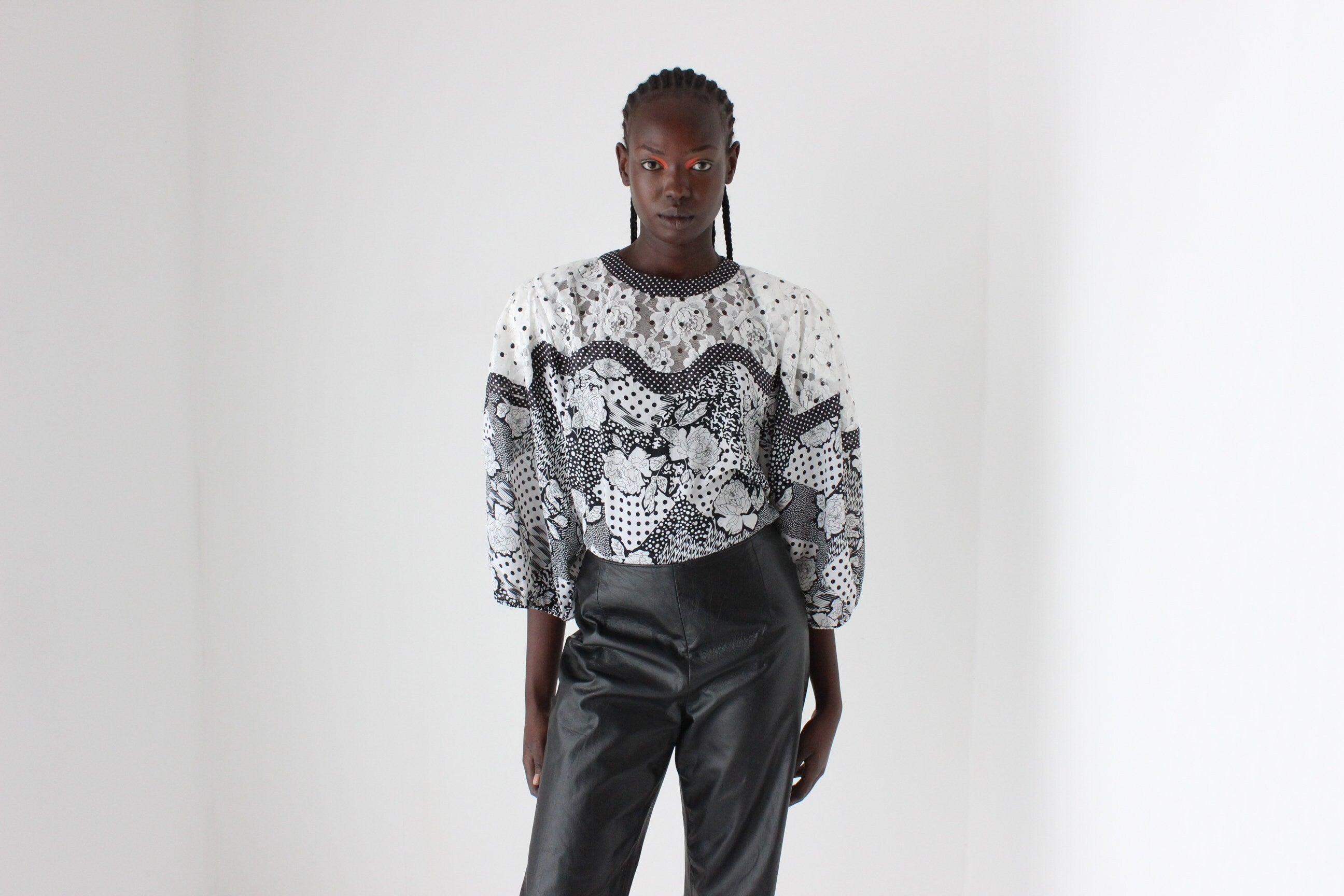 Maximalist 80s Diane Fres Georgette Lace / Polka Dot / Floral Top