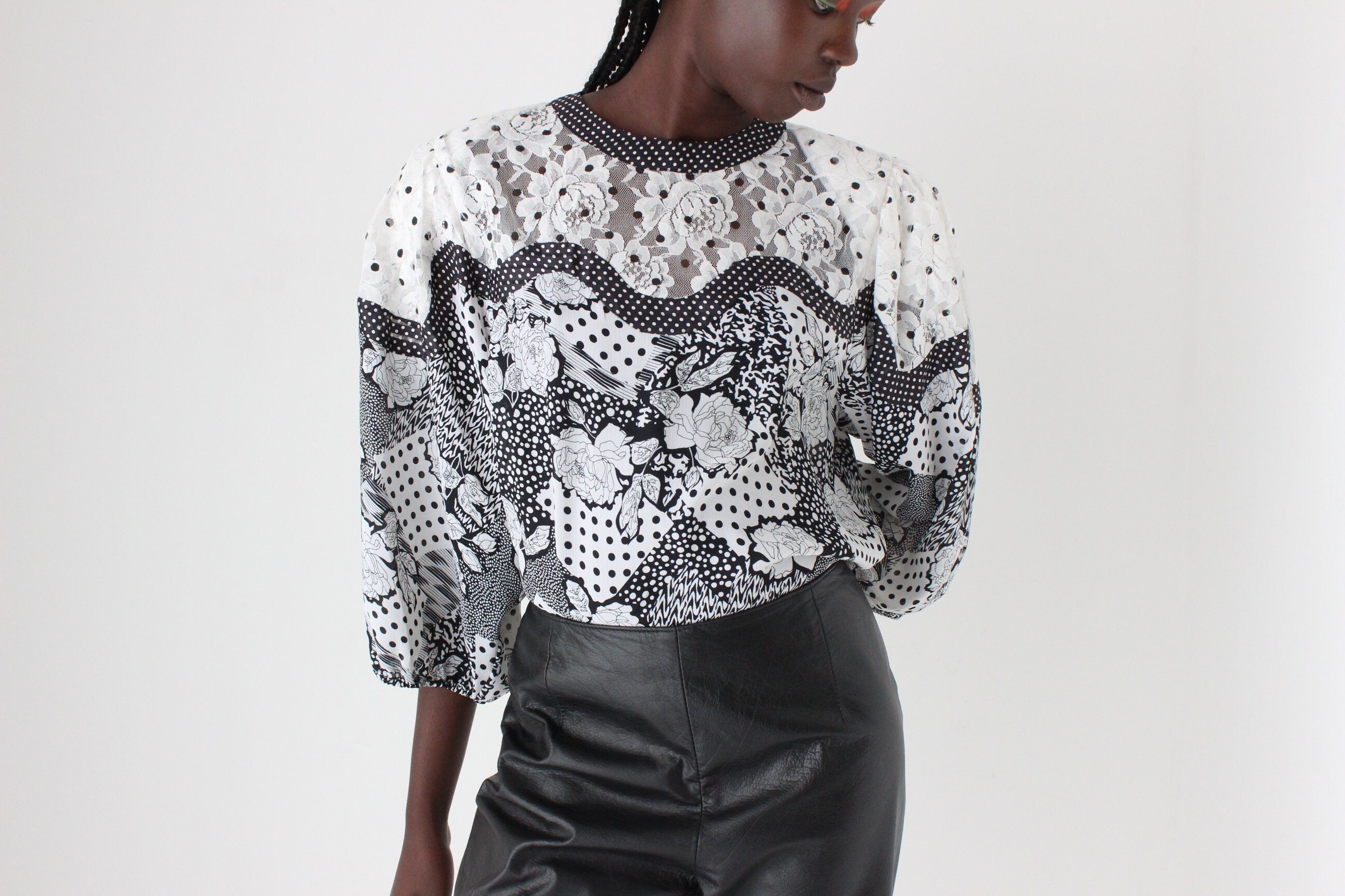 Maximalist 80s Diane Fres Georgette Lace / Polka Dot / Floral Top
