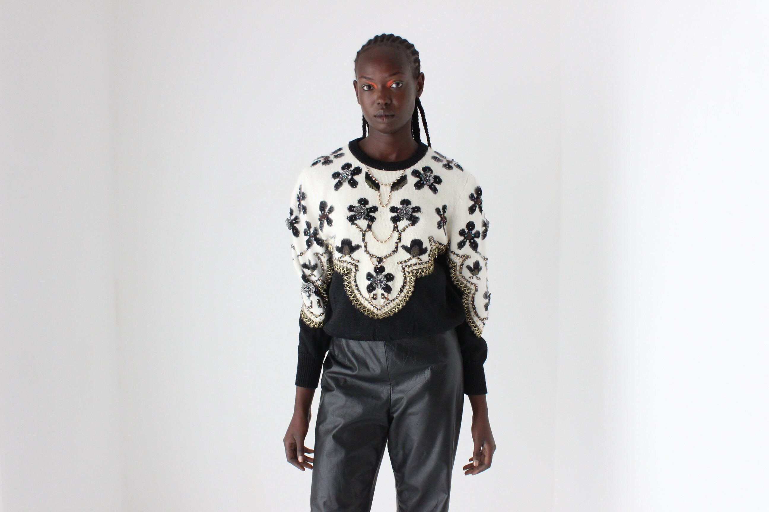 80s Embellished Knit Wool Blend Puff Sleeve Sweater