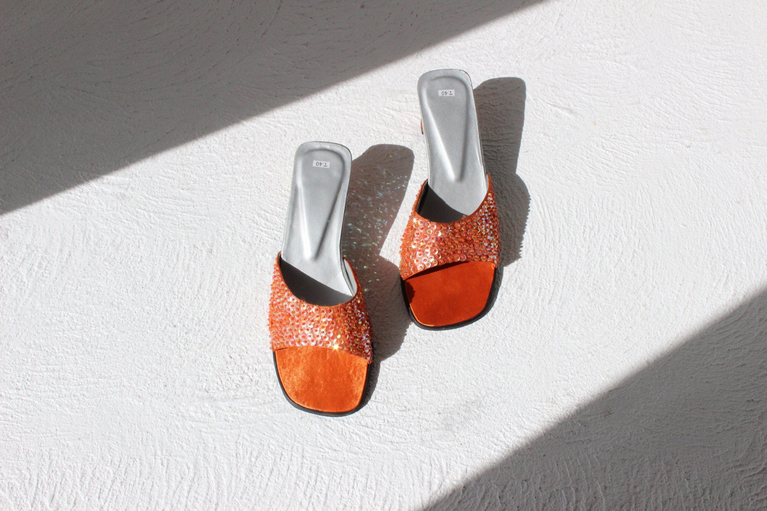 Y2K Orange Sequin Open Toe Chunky Heel Satin Slip On Mules ~ Euro 38